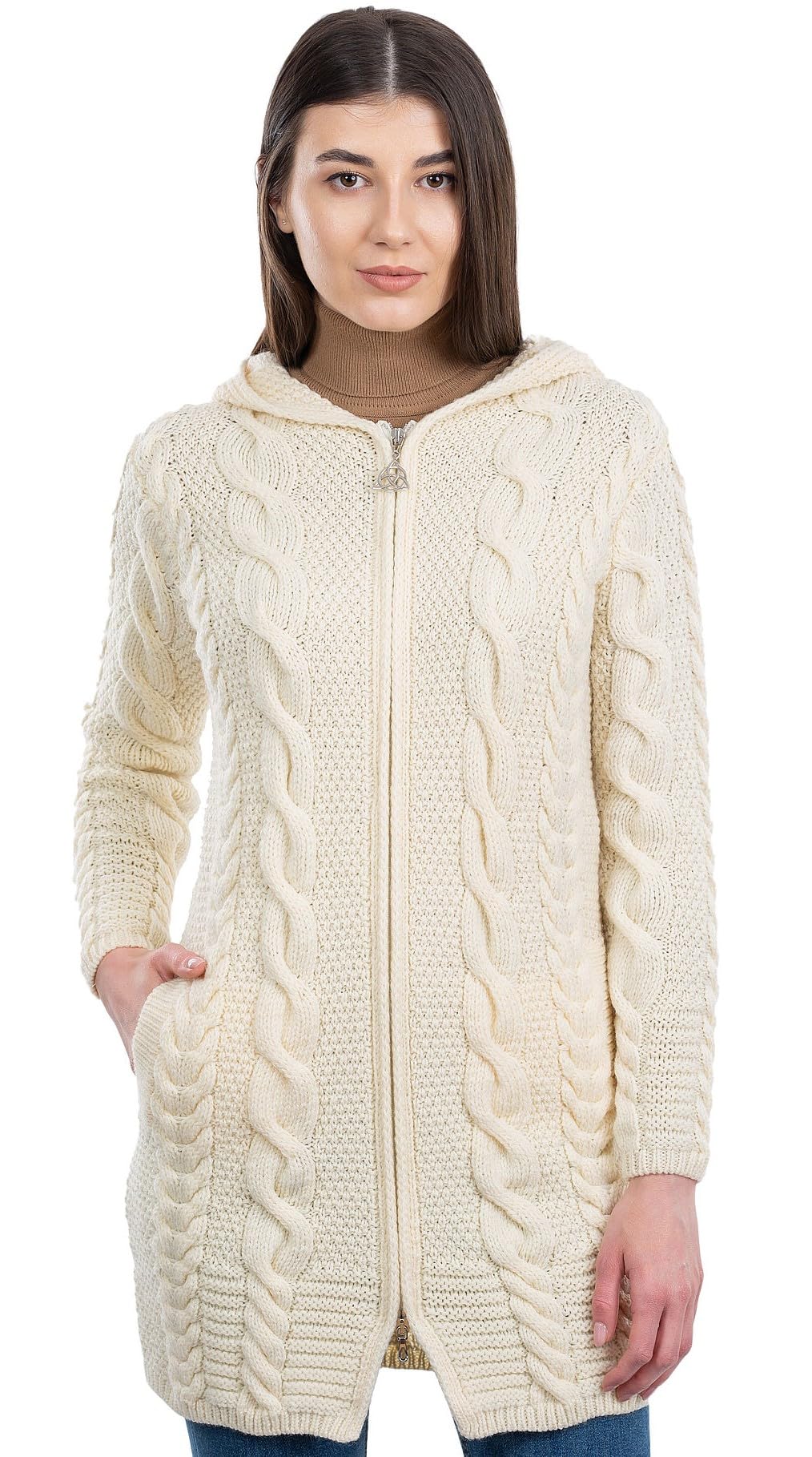 SAOL 100 Merino Wool Aran Cable Knit Hooded Zip Cardigan Irish Coat
