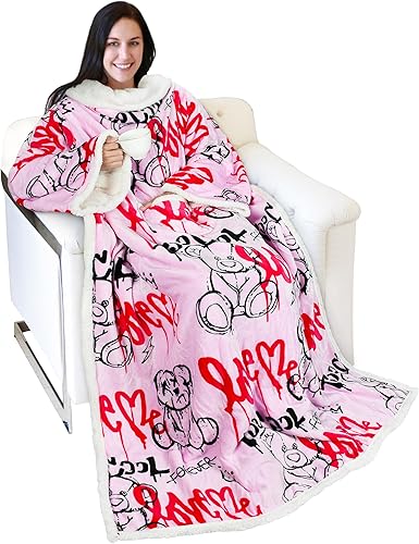 Miniatura 27 de Catalonia - Manta de forro polar tipo sherpa con mangas y bolsillo, microfelpa abrigada y cómoda para ver TV, manta para adultos, mujeres y hombres