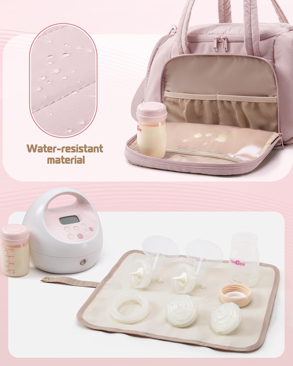 Marscamd Quilted Breast Pump Bag Compatible with Spectra S1 and S2, Pumping Bag with Cooler Compartment and a Drying Mat, Pink