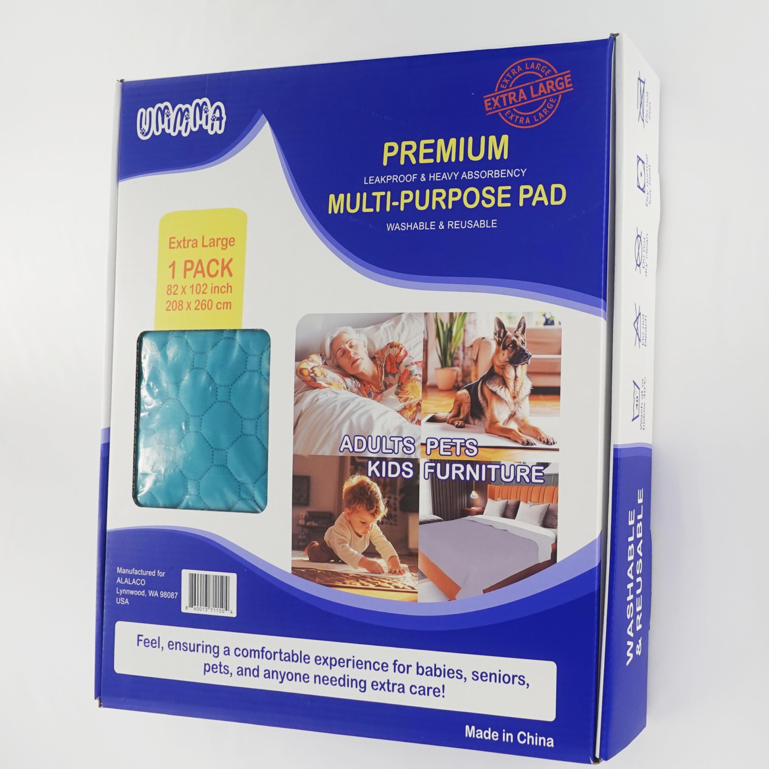 UMMMA - Extra Large 82" x 102"– Heavy Absorbent, Leakproof Under Pads - Washable & Reusable, Anti-Slip, Ultra-Soft - Waterproof Protection for Beds,