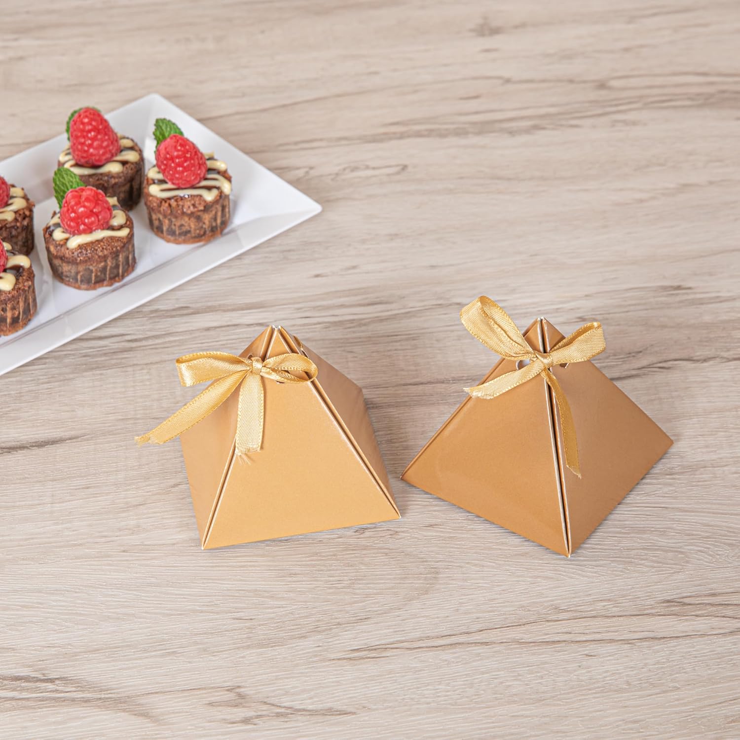Restaurantware Pastry Tek 3 x 3 x3 Inch Pyramid Favor Boxes 100 Pyramid Triangle Gift Boxes - Satin Ribbon Disposable Brown Paper Triangle Candy Boxes For Weddings Or Parties