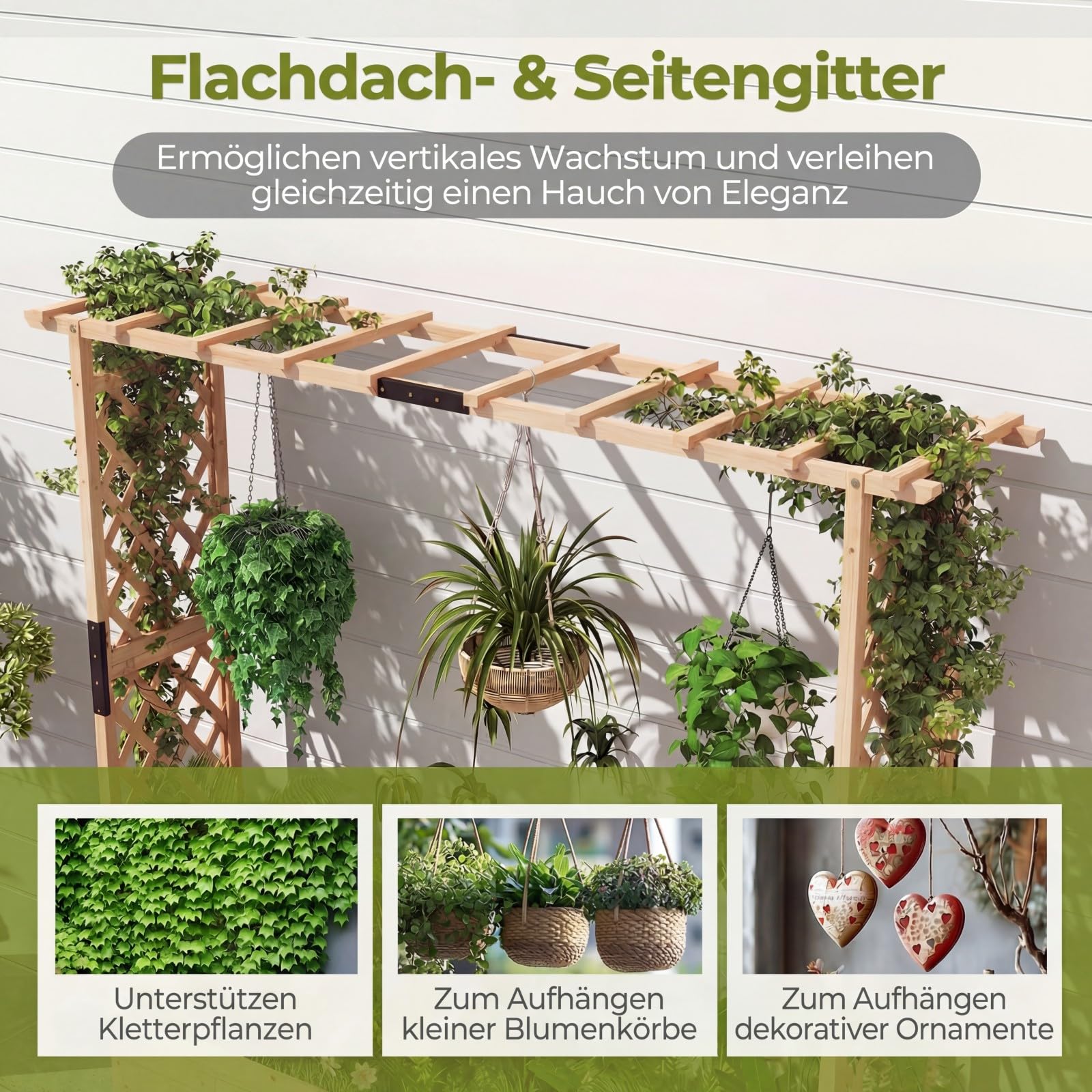 COSTWAY Blumenkasten mit Rankgitter & hängendem Dach, Pflanzkasten mit Rankhilfe, Hochbeet für Kletterpflanzen & hängende Körbe, für Garten Hof Terrasse, Pflanzkübel Holz, 196 x 44 x 182 cm (Natur)