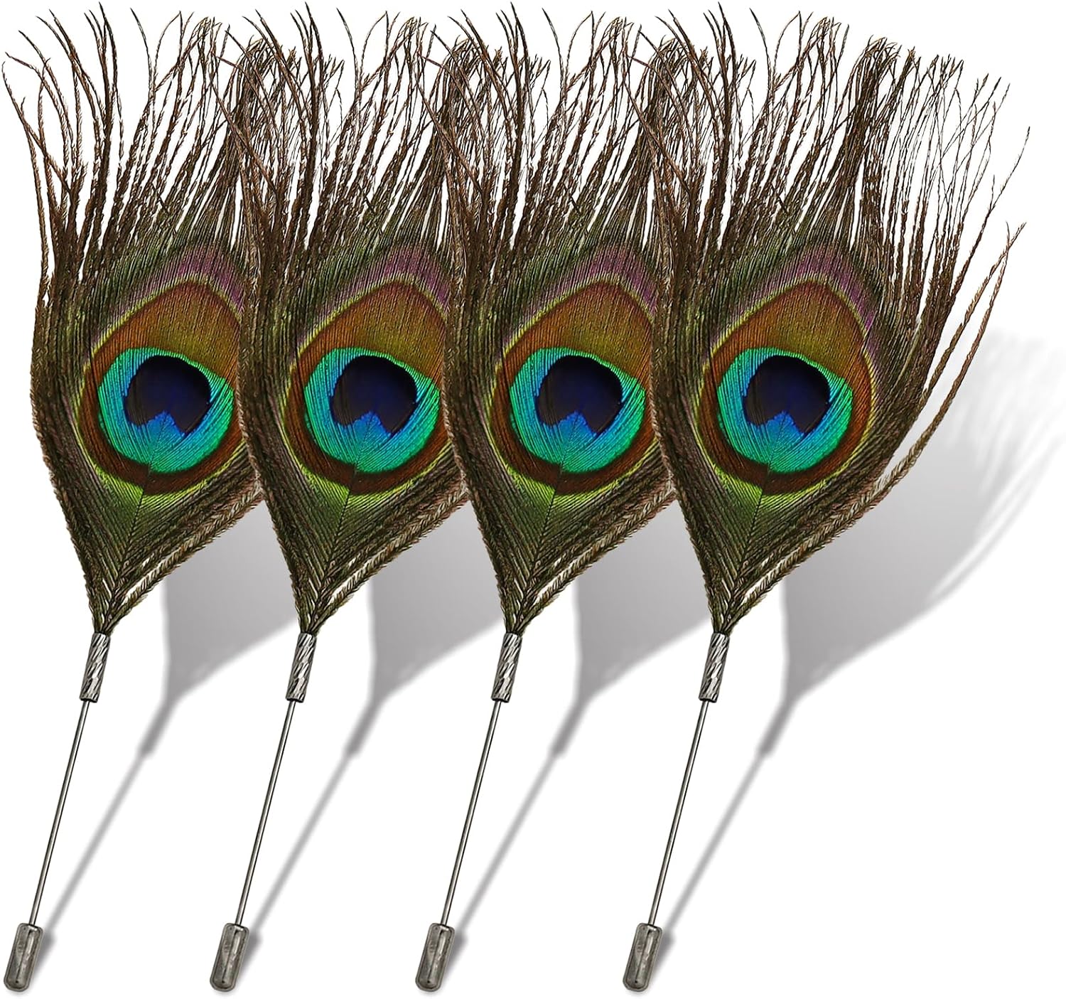 RechicGu 4x Peacock Feather Brooch Pin Set - Black, Vintage Feather Brooch Badge for Western Cowboy Hats, Costumes, Hair Accessories, Lapel Stick Pin
