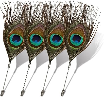 RechicGu 4x Peacock Feather Brooch Pin Set - Black, Vintage Feather Brooch Badge for Western Cowboy Hats, Costumes, Hair Accessories, Lapel Stick Pin
