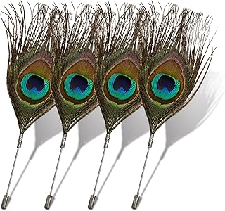 RechicGu 4x Peacock Feather Brooch Pin Set - Black, Vintage Feather Brooch Badge for Western Cowboy Hats, Costumes, Hair Accessories, Lapel Stick Pin