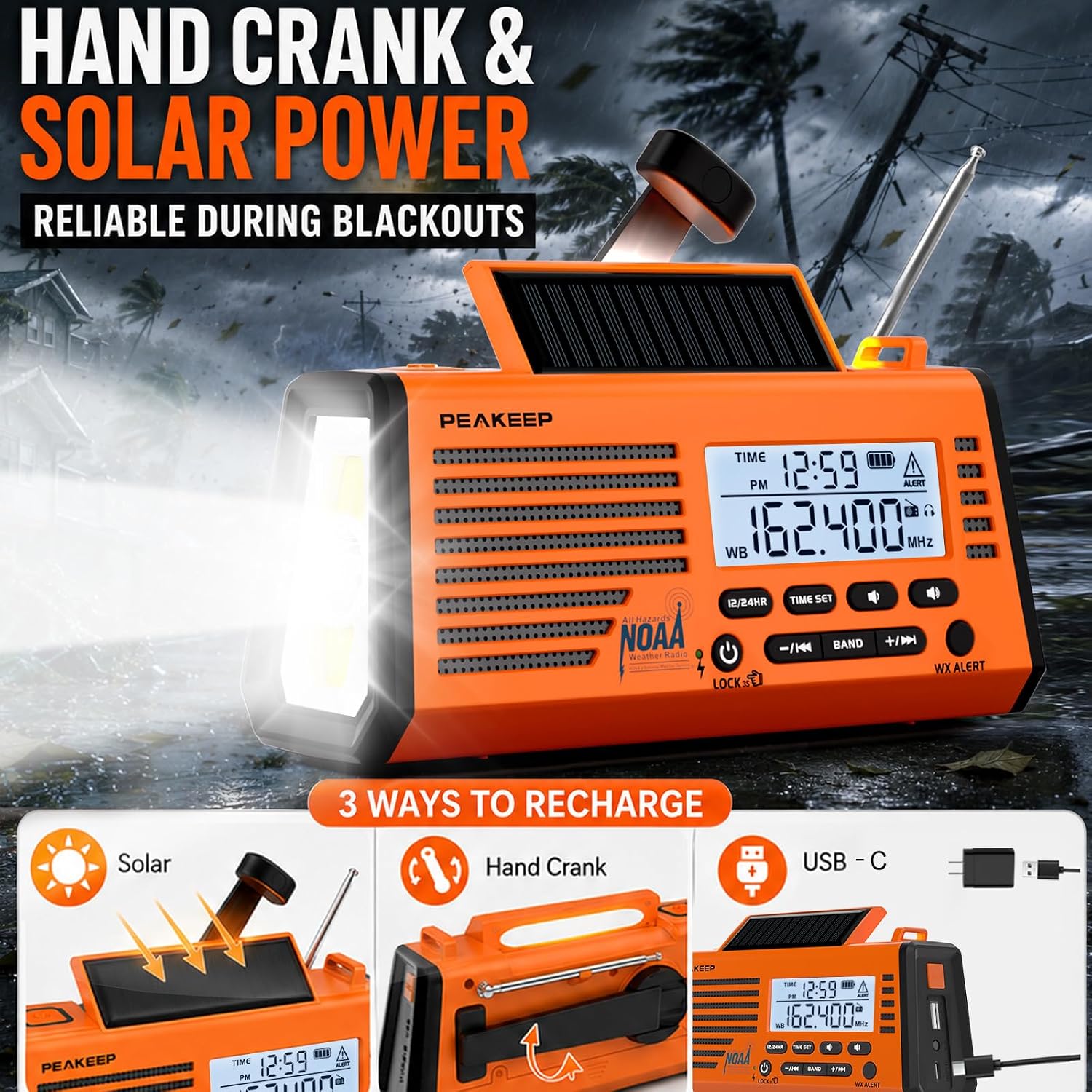 Peakeep Emergency Radio NOAA Weather Alert Battery Solar Crank Powered image 4