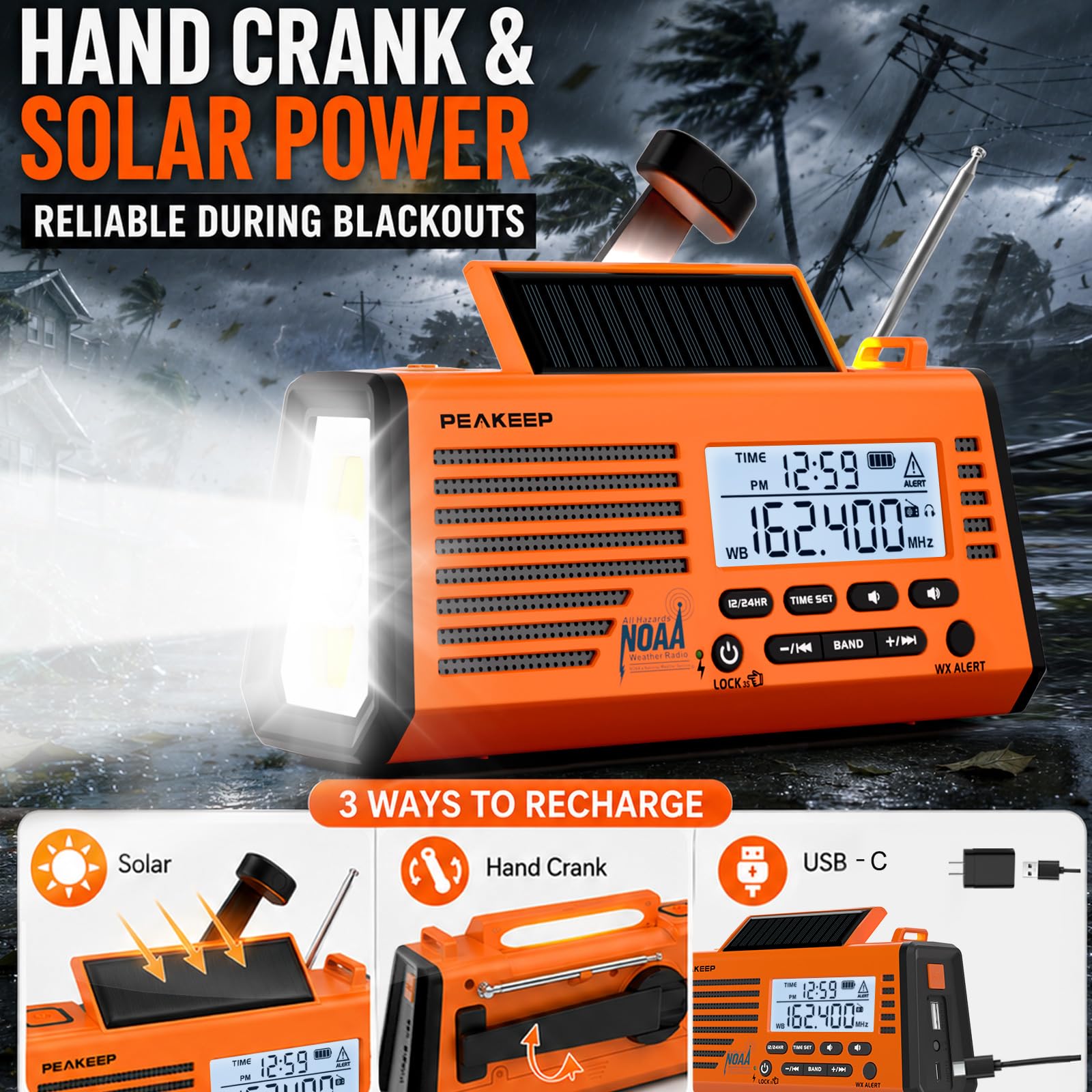 Peakeep NOAA Radio météo d'urgence à manivelle à énergie solaire – Batterie rechargeable de 18500 mWh, radio AM/FM/SW, lampe de poche SOS sirène pour la maison, la voiture, le camping, les tempêtes