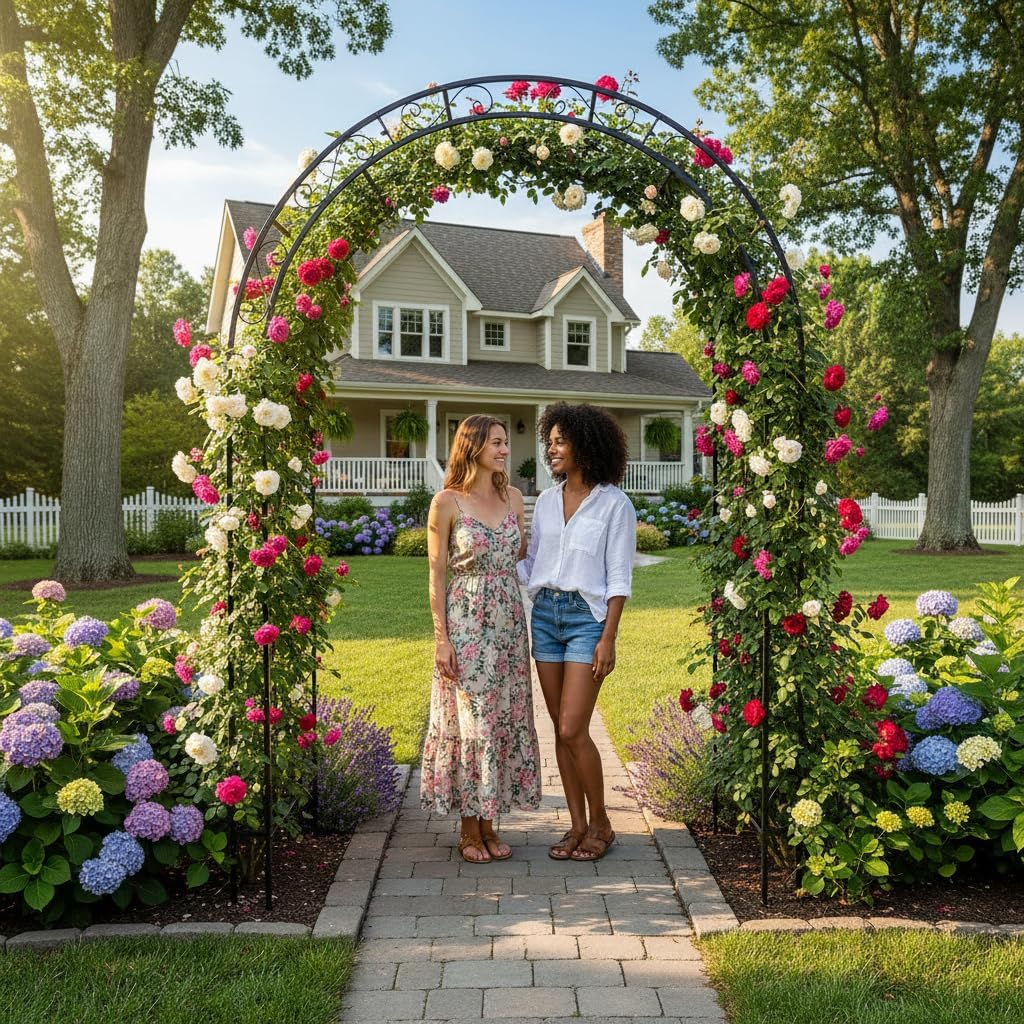 7FT Heavy Duty Steel Garden Arbor with Side Garden Trellis, Rust-Resistant Powder Coated Wedding Arch Archway for Backyard, Vine Plants & Outdoor Decor - Includes Ground Stakes & Easy Assembly