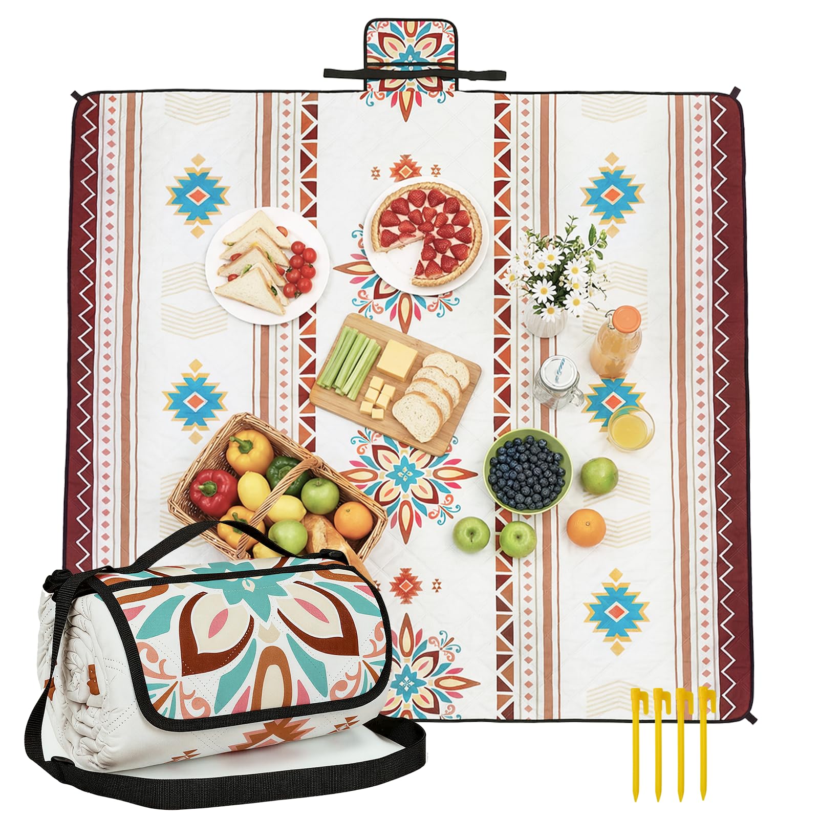 HAUSPROFI Picknickdecke Wasserdicht & Isoliert 200x200 cm Große Picknick Decke mit 3 Lagen Camping Decke Reißfest, 4 Heringe mit Tragegriff & Schultergurt Maschinenwaschbar für Strand, Park, Camping