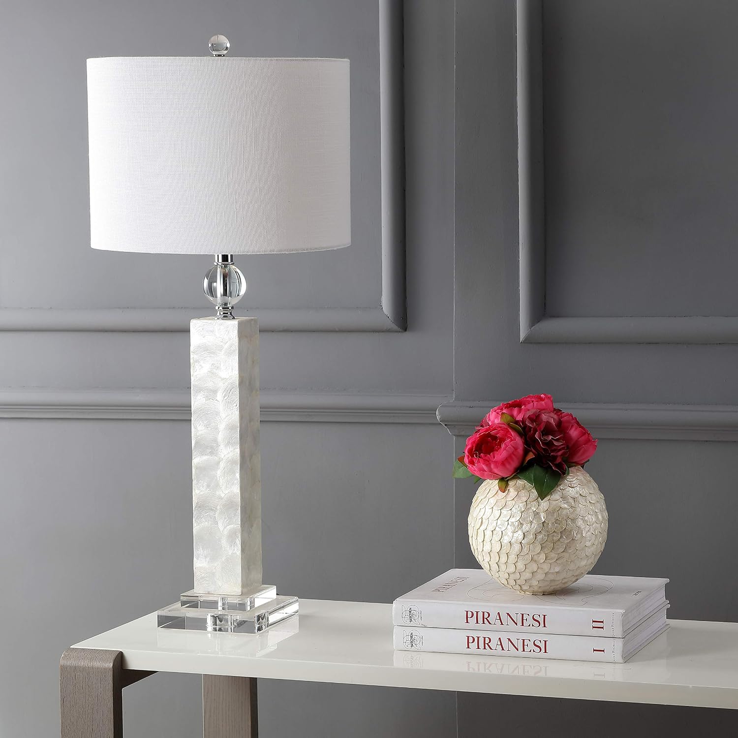 Eyely EYL4006A-SET2 Campana 32" LED Seashell Table Lamp for Reading Room, Living Room, Office, Bedroom, Coastal, Contemporay, Transitional, White (Set of 2)