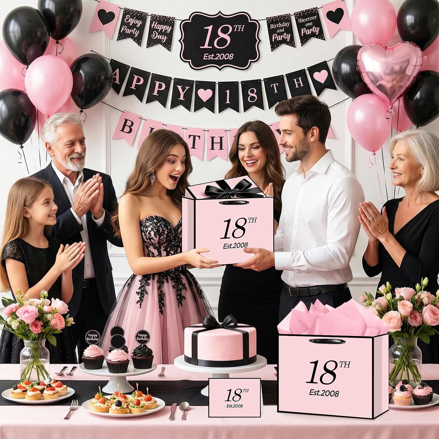 Yoirrat Est. 2008 18th Birthday Gift Bag for Her Women with Wrapping Tissue Paper & Card Large Pink Black 18th Gifts Bag Happy Eighteen Bday Party Favors Supplies Present for Daughter Friend Sister image 5