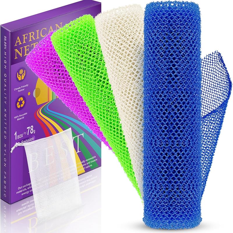 Esponja de banho tipo rede africana RIUOTA, azul, verde, roxa e branca, pacote com 4