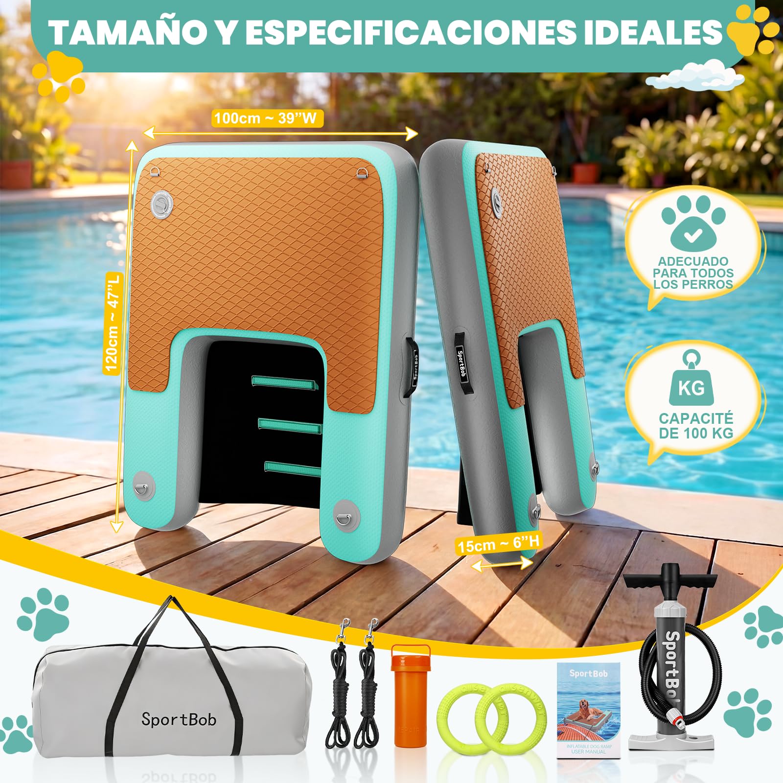 120 x 100 cm Rampa de Agua Hinchable para Perros, Resistente a los Desgarros y Duradera, Rampa Hinchable para Perros de hasta 100kg, Ideal para el Verano, Piscinas, Barcos, Muelles y Lagos