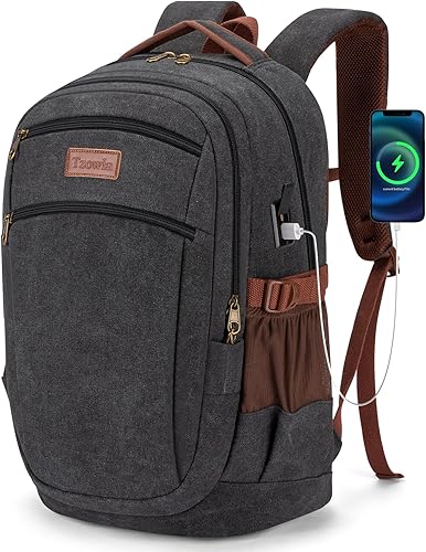 Tzowla Mochila vintage de lona para laptop, para hombres y mujeres, mochila de viaje universitario y trabajo con puerto de carga USBtipo C, bolsa