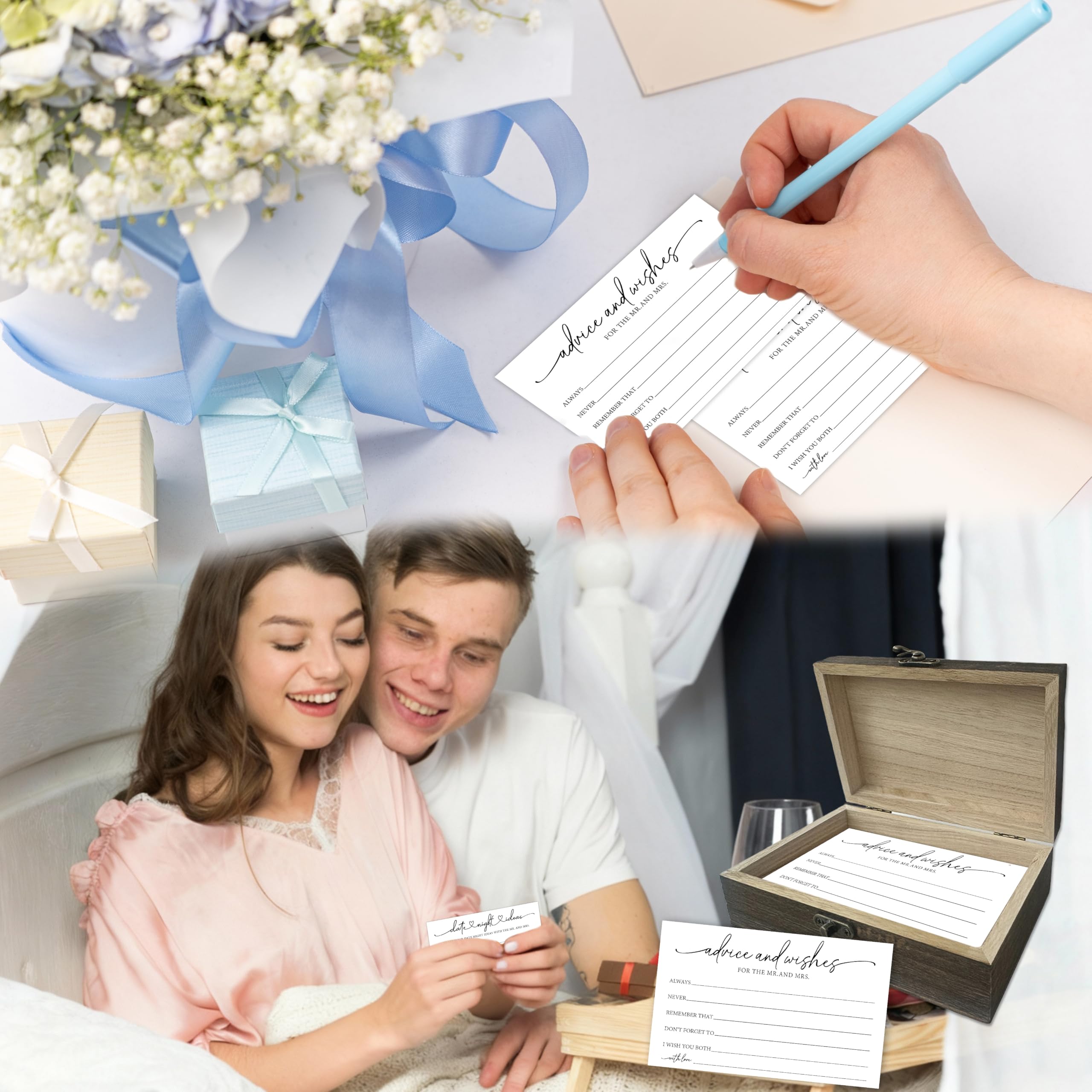 Lot de 50 cartes de conseils de mariage avec boîte de réception – Minimalisme double face Conseils et souhaits pour le Mr et Mme – Décoration de fête prénuptiale et souvenir pour les jeunes mariés