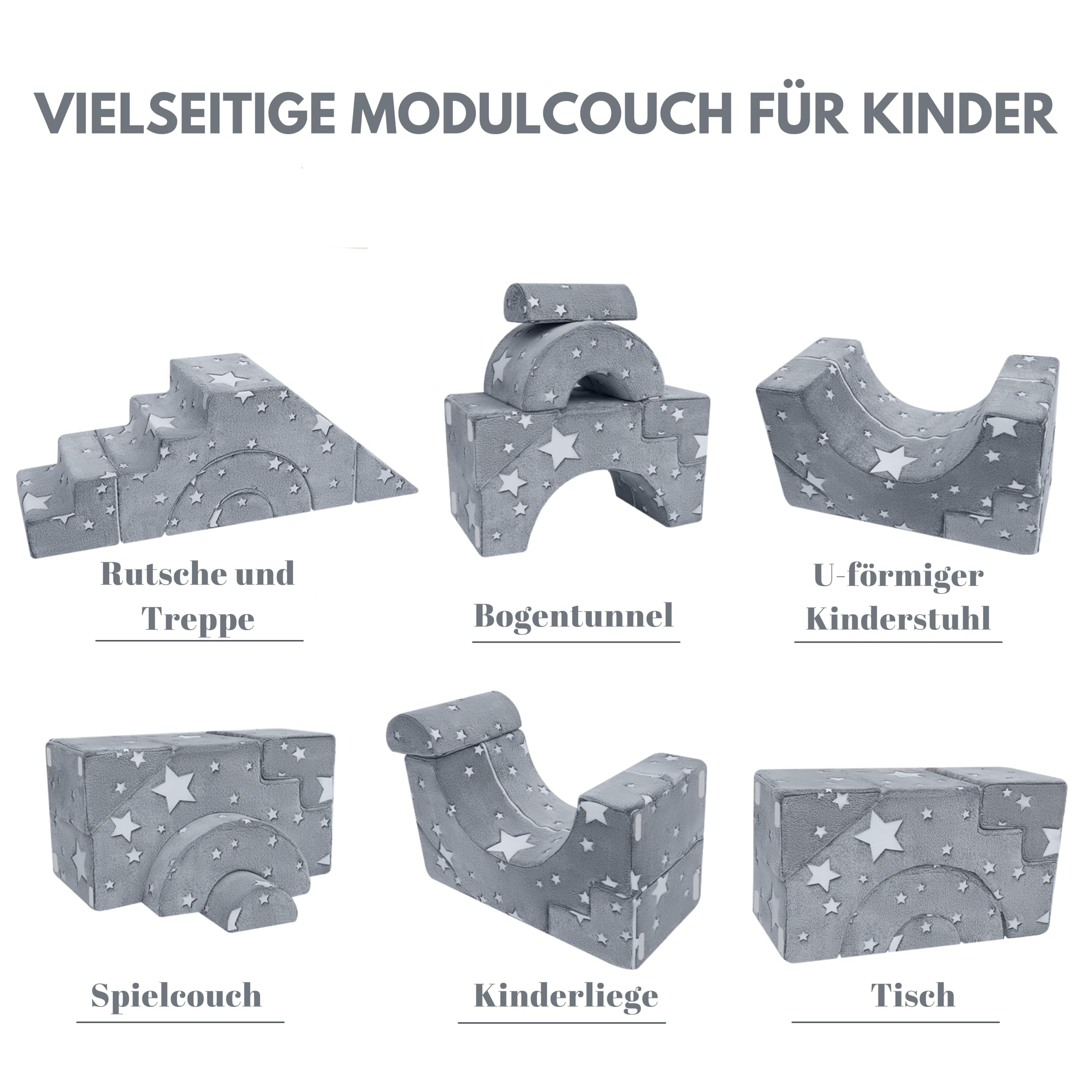 MeMoreCool Kindersofa Grau Stern-Motiv, Modulare Mini Couch aus Schaumstoff Fuer Kinderzimmer, Ausklappbares Spielsofa mit Abnehmbarem Bezug, Weiches Kindersessel ab 1 Jahr