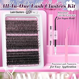 Yawamica Lash Extension Kit 360pcs Wispy Lashes Clusters D Curly Eyelash Clusters 50D 70D 90D Eyelash Extension Kit 10-18mm DIY Lash Clusters Kit with Bond and Seal Lash Tweezers for Self Application