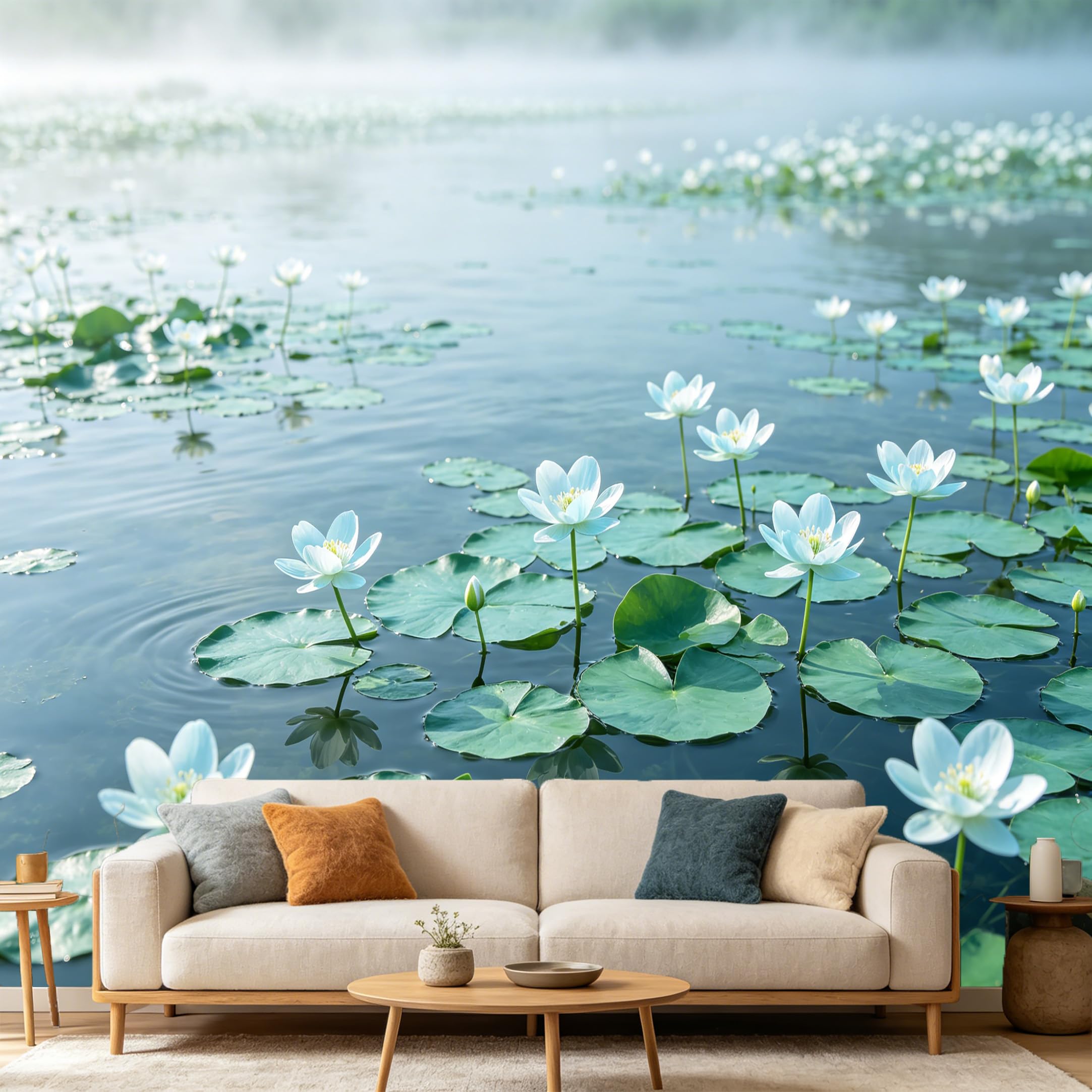 Custom Size Wall Mural Botanical White Lotus Lake Foggy Morning Water Landscape SelfAdhesive Art Prints wall Fabric（No PVC） Removable Wallpaper Home Bedroom Decor