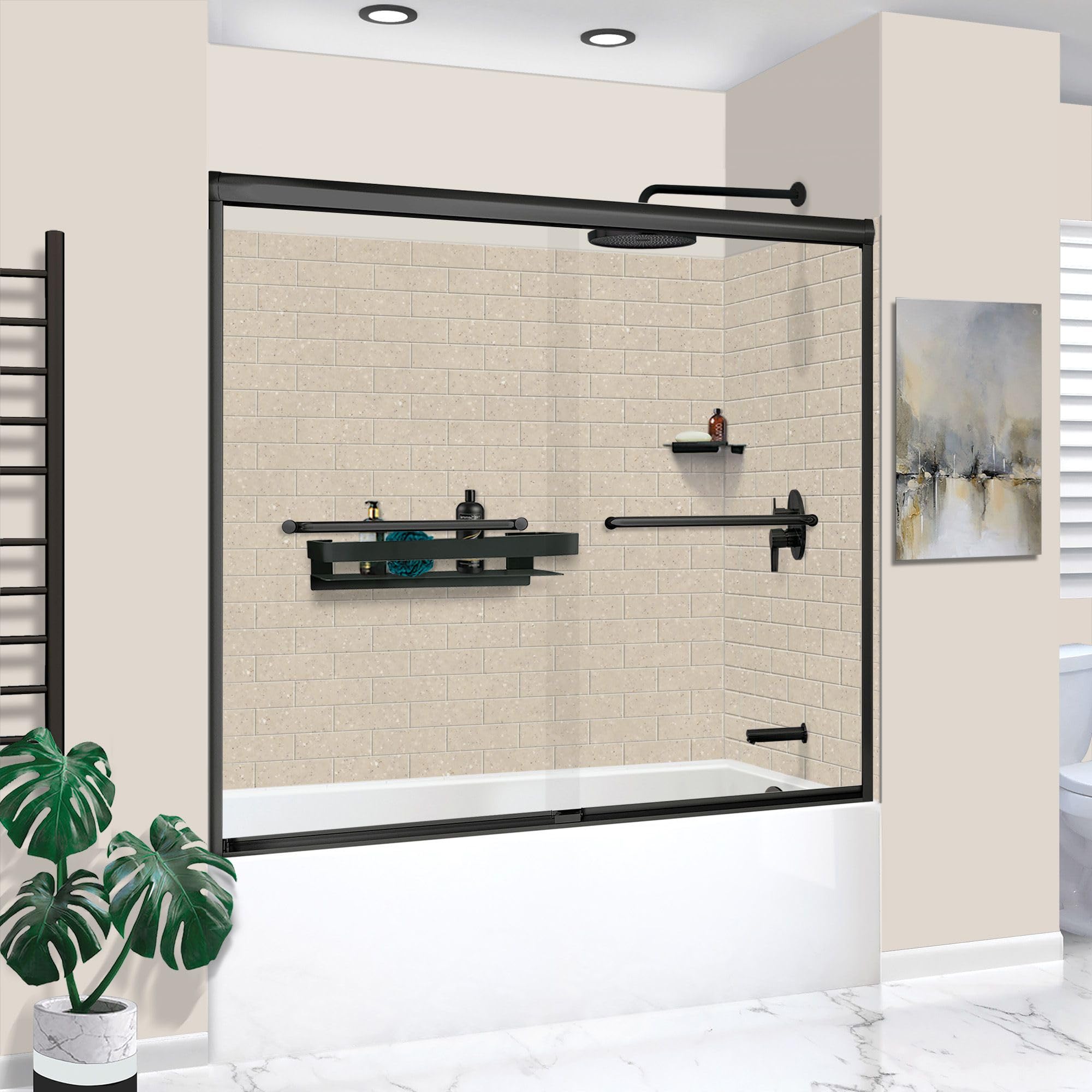 Transolid KTAFS603660R-28MB 60-in x 36-in x 80-in 7-Piece Glue-on Saramar Shower/Tub Kit with Door Faucet and Accessories, Cashew/Matte Black