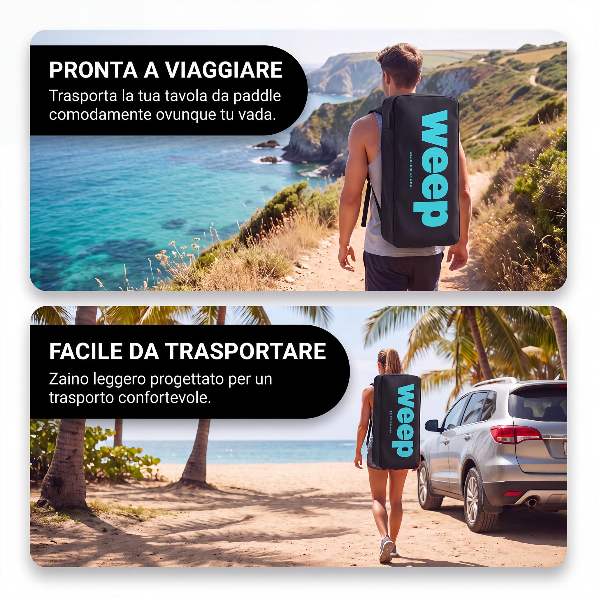WEEP SUP Gonfiabile 10.6 & 11.6 & 12 piedi, Tavola SUP Gonfiabile con Pagaia 2in1, Pompa, Zaino, Leash e 3 Pinne, Paddle Board Gonfiabile Completo per Mare, Touring, Yoga e Tempo Libero