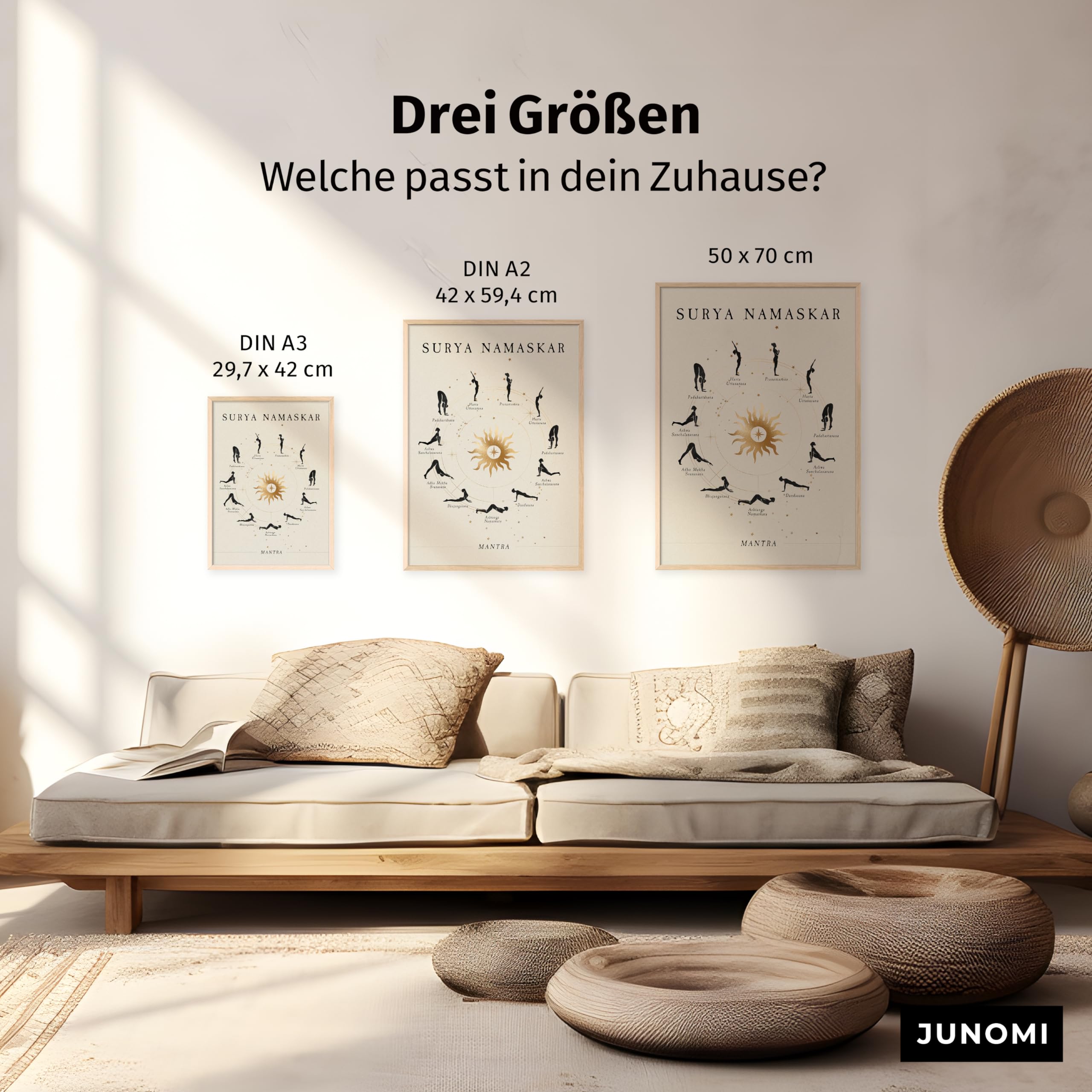 JUNOMI® Sonnengruß Poster DIN A2 Rahmen Natur | Yoga Sonnengruß | Boho Wanddeko fürs Yogastudio und Schlafzimmer, der vollständige Ablauf im Kreis um eine goldene Sonne