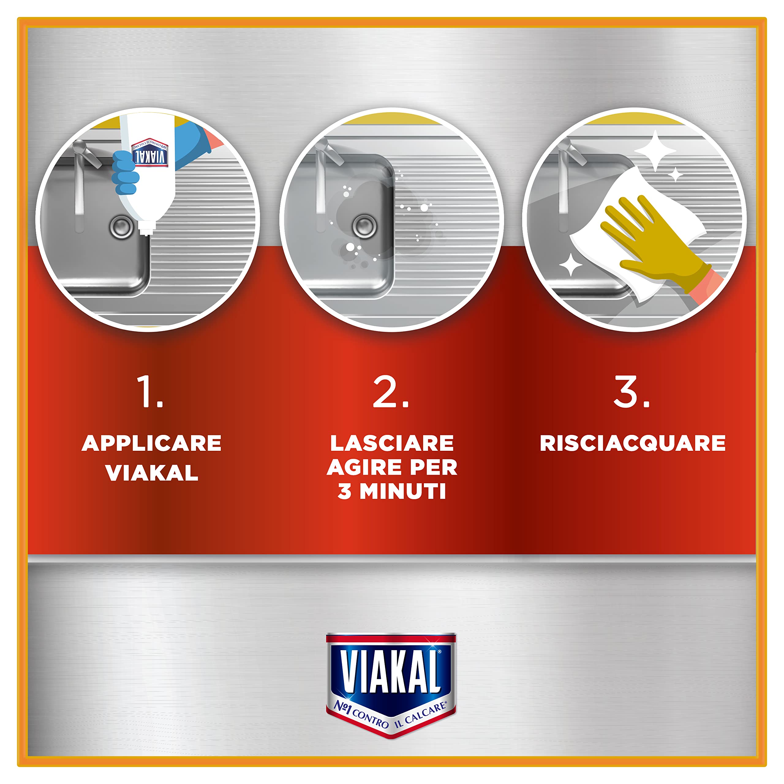 Viakal Anticalcare Detersivo Liquido Acciaio Cucina, 10 x 470 ml, Rimozione del Calcare fino al 100%, Pulito brillante, Brillantezza che dura a lungo