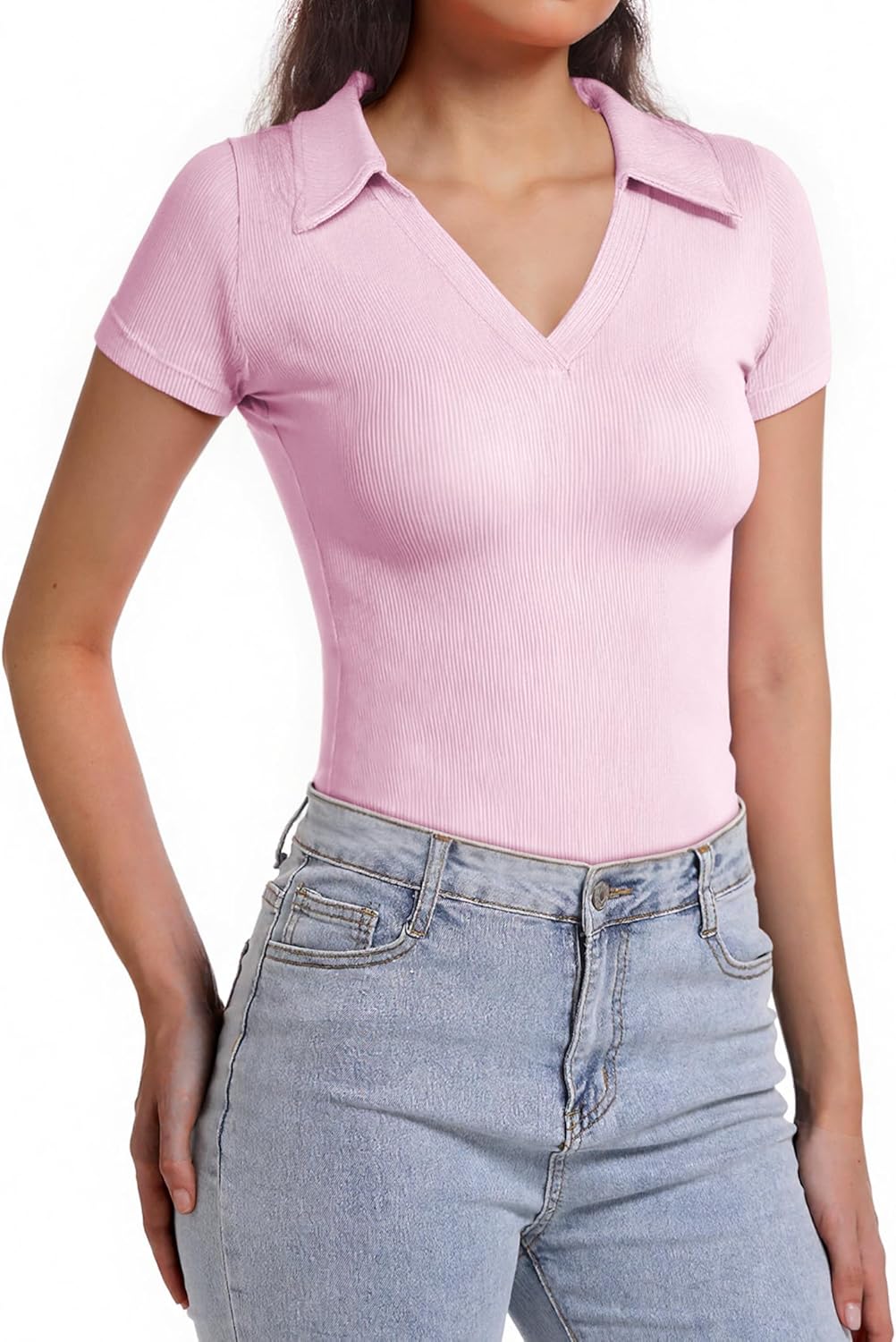 Polo Shirts for Women, Short Sleeve Business Casual Tops, V Neck Polo Collared Work Shirts, Ribbed Fitted Shirts - Image 3