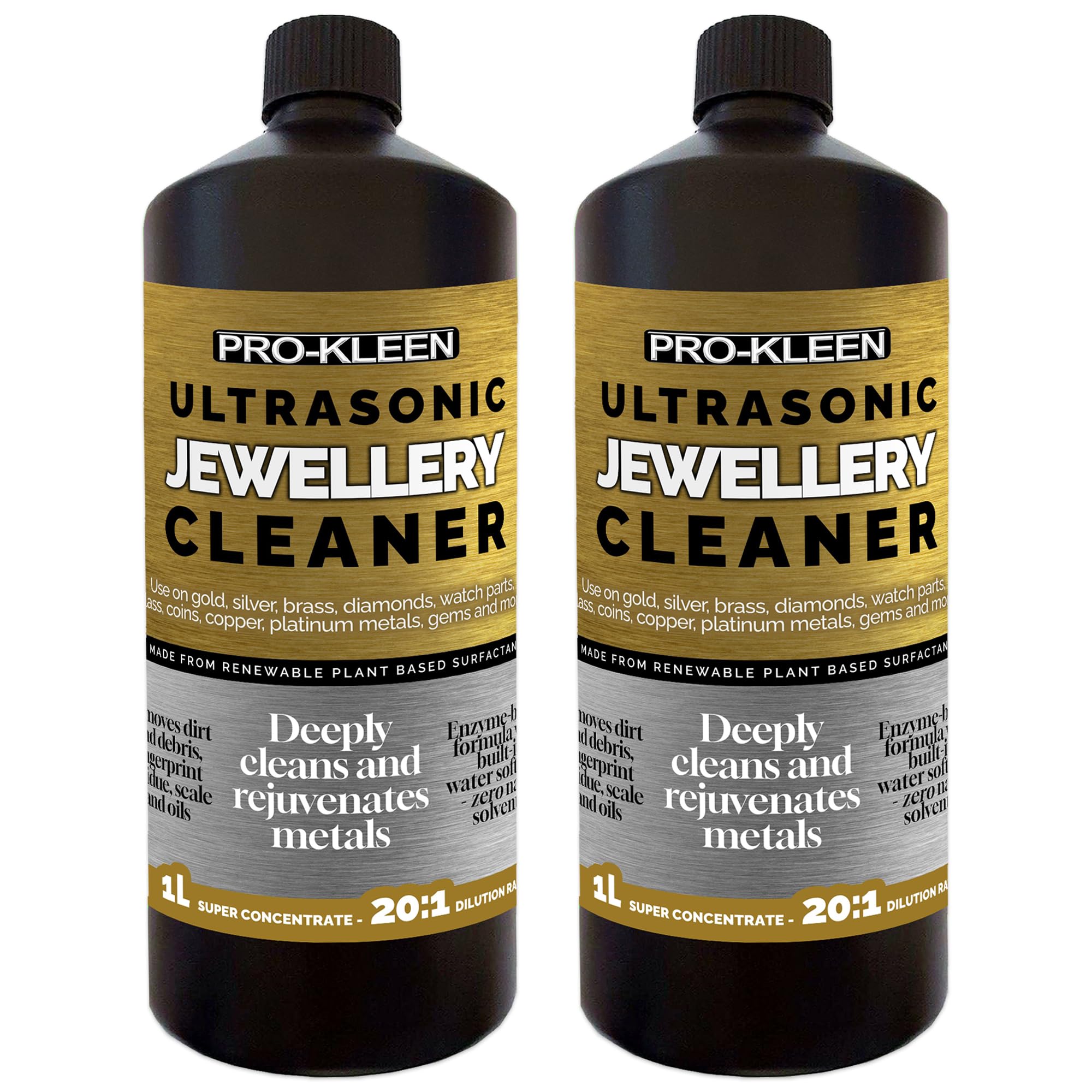 Pro-Kleen Ultrasonic Jewellery Cleaner Solution 2 Litres Concentrated Fluid – 2L Makes 40L - For Ultrasonic Machines - Removes Oils, Scale, Dirt - Suitable for Gold, Silver, Brass, Diamonds & More