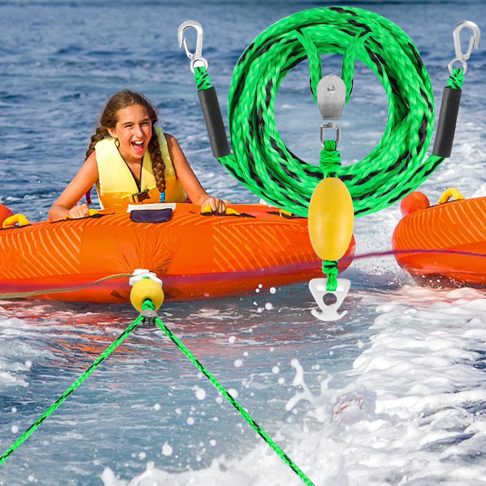 Traino per barche – Corda da traino da sci con attacco rapido | Connettore ad alta resistenza per 4 persone – Versione adatta per adulti per attività acquatiche attive