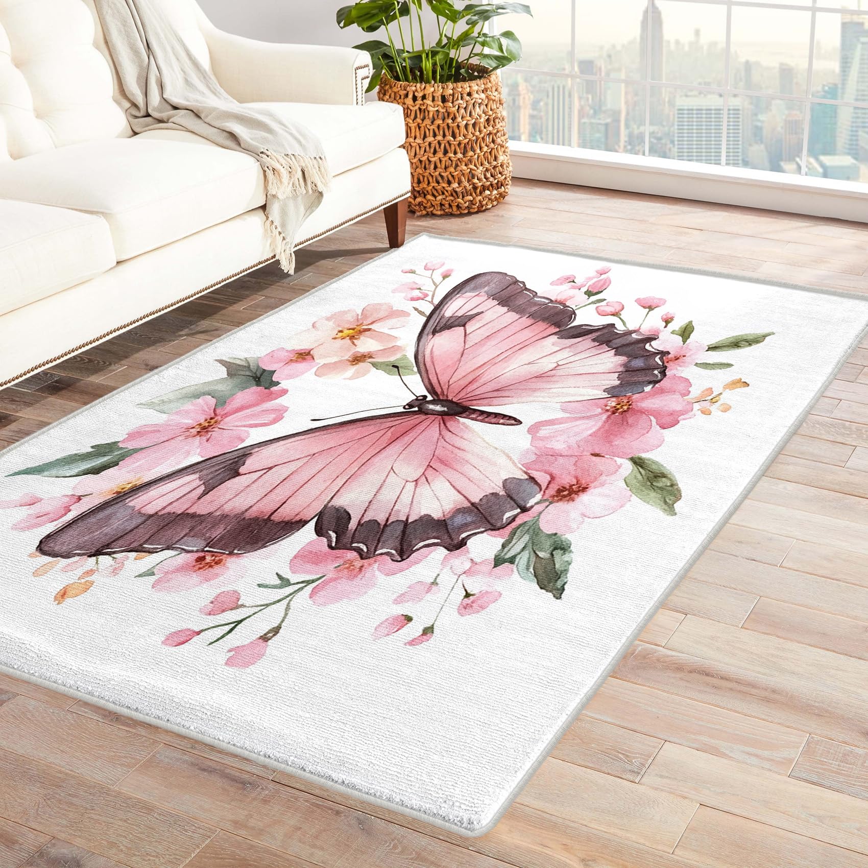 Butterfly Rug Pink - Butterfly and Flowers Rug, Girls Nursery Rugs for Living Room Bedroom, Washable Non Slip Soft Small Carpet, Patterned Area Rugs & Home Decor 80x150 cm