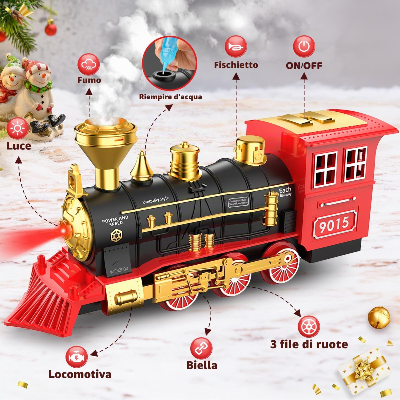 Hot Bee Set di treni di Natale per ragazzi di 3 4 5 6 anni sotto l'albero, treno elettrico per bambini adulti, treno per intorno all'albero di Natale, giocattolo a vapore con fumo