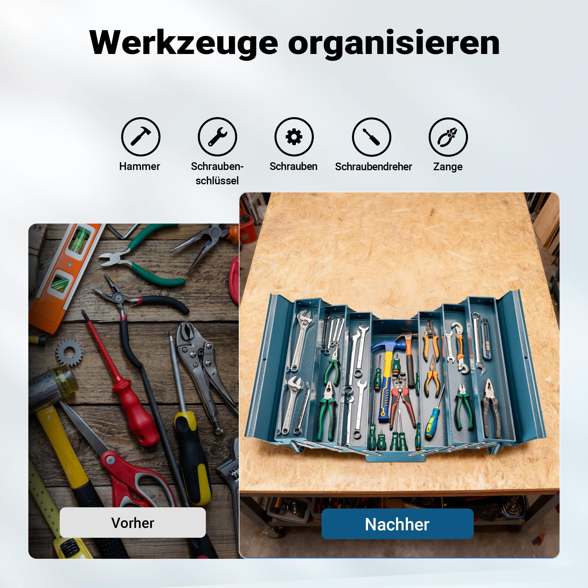 Wiltec Werkzeugkiste 530x200x250mm aus Stahl mit 7 Fächern, beständiger Werkzeugkasten mit Handgriff, Werkzeugbox