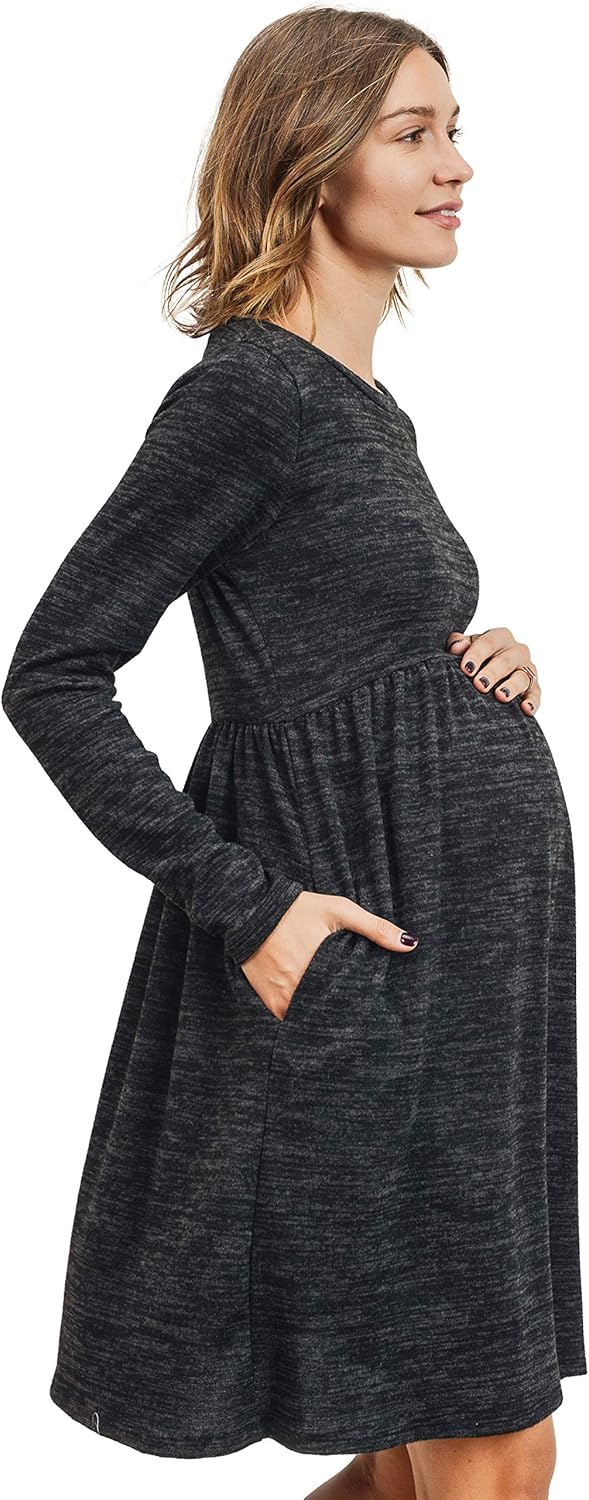 HELLO MIZ Women's Maternity Sweater Knit Dress with Pocket (Black, S)