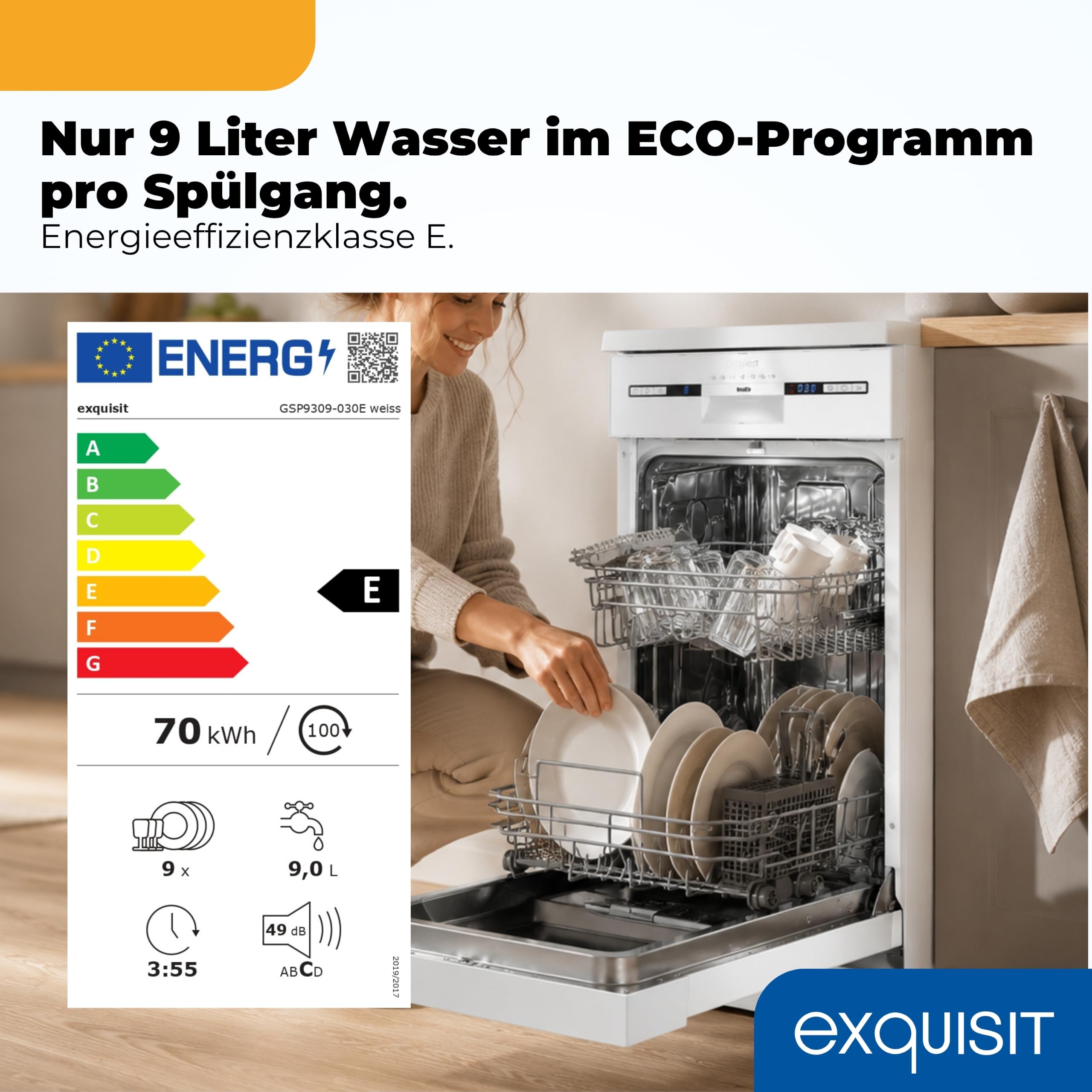 Exquisit Spülmaschine 45 cm Freistehender Geschirrspüler 9 Maßgedecke 7 Programme Eco-Modus 49 dB Energieklasse E GSP9309-030E Weiss