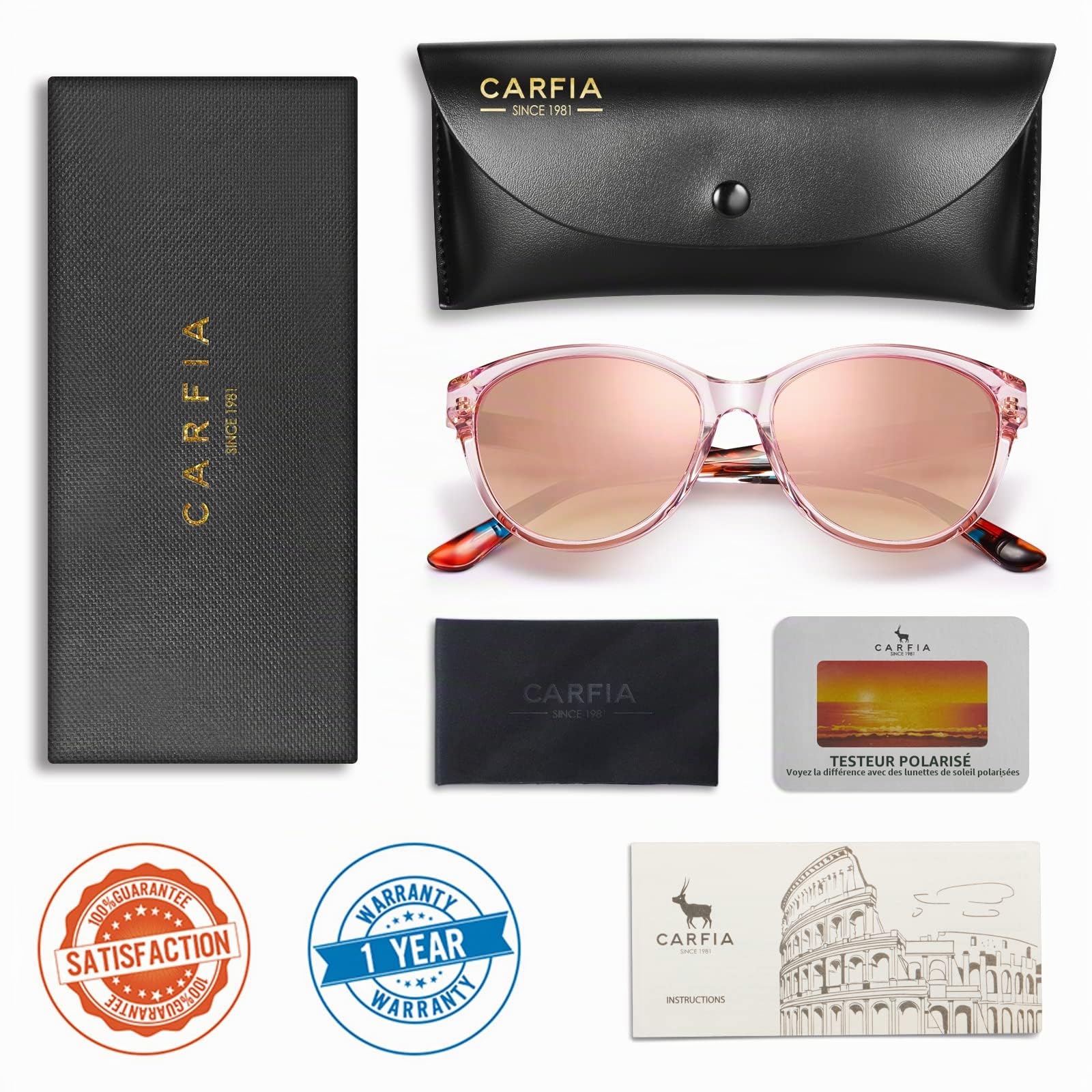 Carfia Rétro Lunettes de Soleil Femme Polarisées Cat.3 Protection UV400 Motif Gravé Monture en Acétate pour Voyager