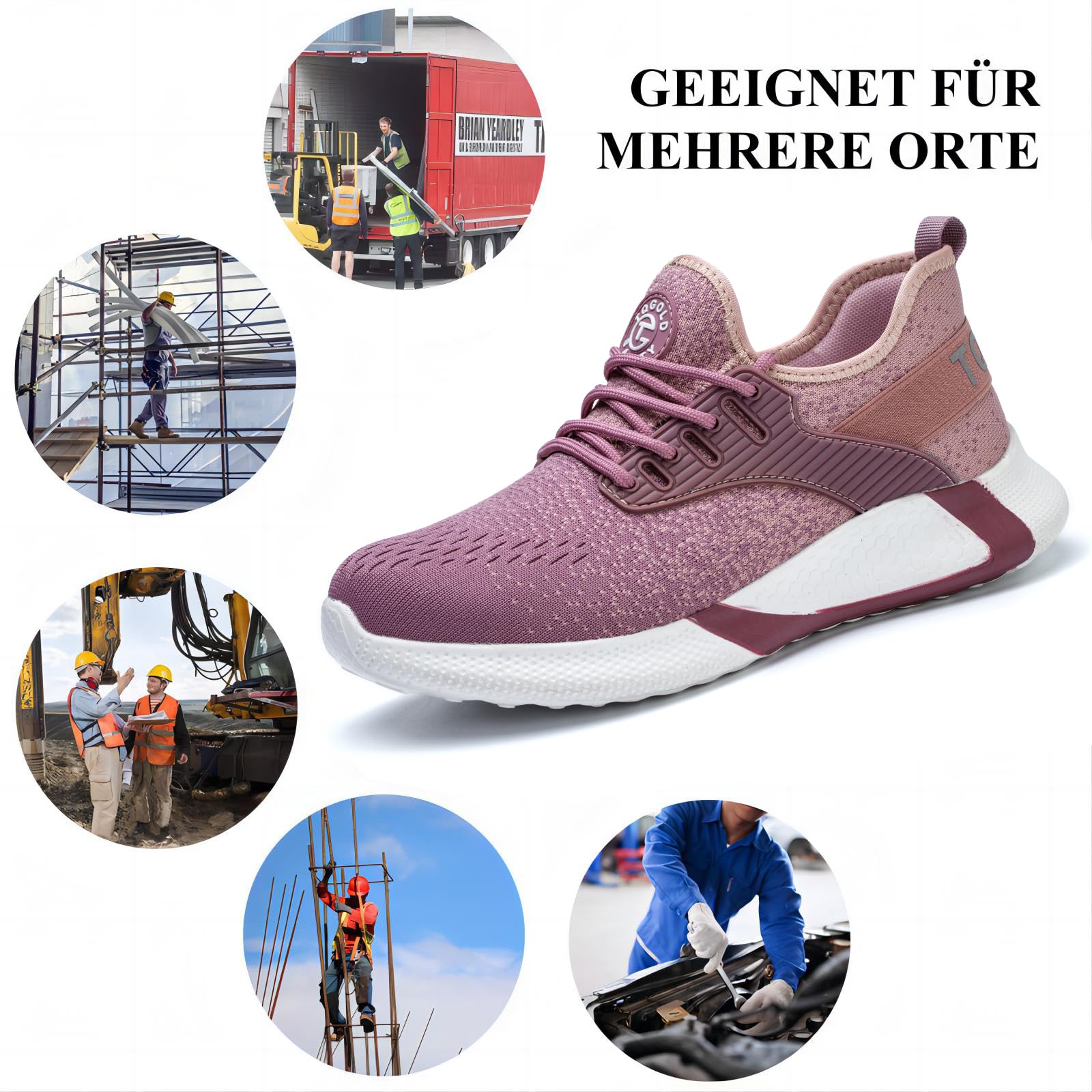 AONETIGER Obuwie ochronne dla mężczyzn i kobiet, S3, lekkie buty robocze, stalowy nosek, sportowe, oddychające, antypoślizgowe, 8195 Pink B, 43 EU