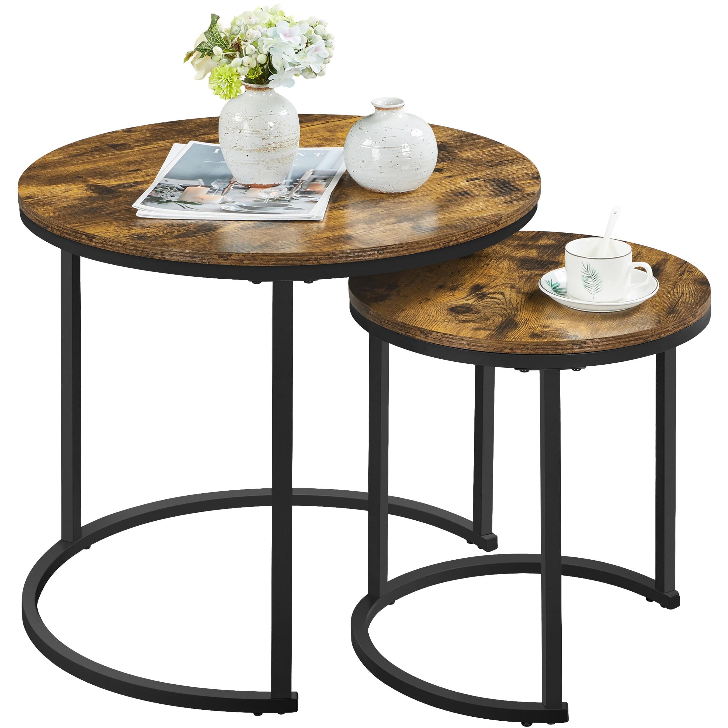 Yaheetech Round Nesting Coffee Table Set of 2, Industrial Stacking Cocktail Sofa Side Table with Steel Legs for Small Space/Living Room/Bedroom, Rustic Brown, 60 x 60 x 50.5cm