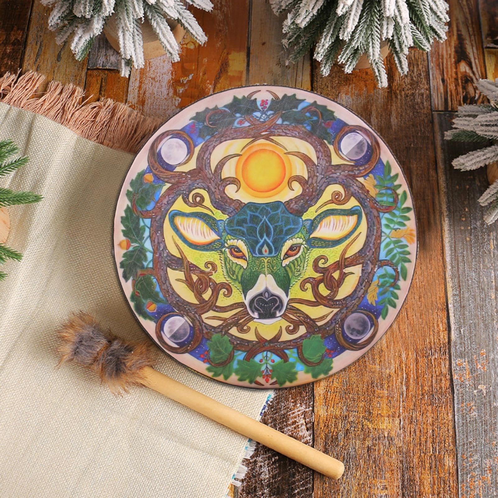 Auténtico tambor chamán, tambor de cabeza de de 9 pulgadas, 9.84 x 9.84 x 1.97 pulgadas, batería hecha a mano con piel natural, instrumento musical espiritual con resonancia profunda, tambores