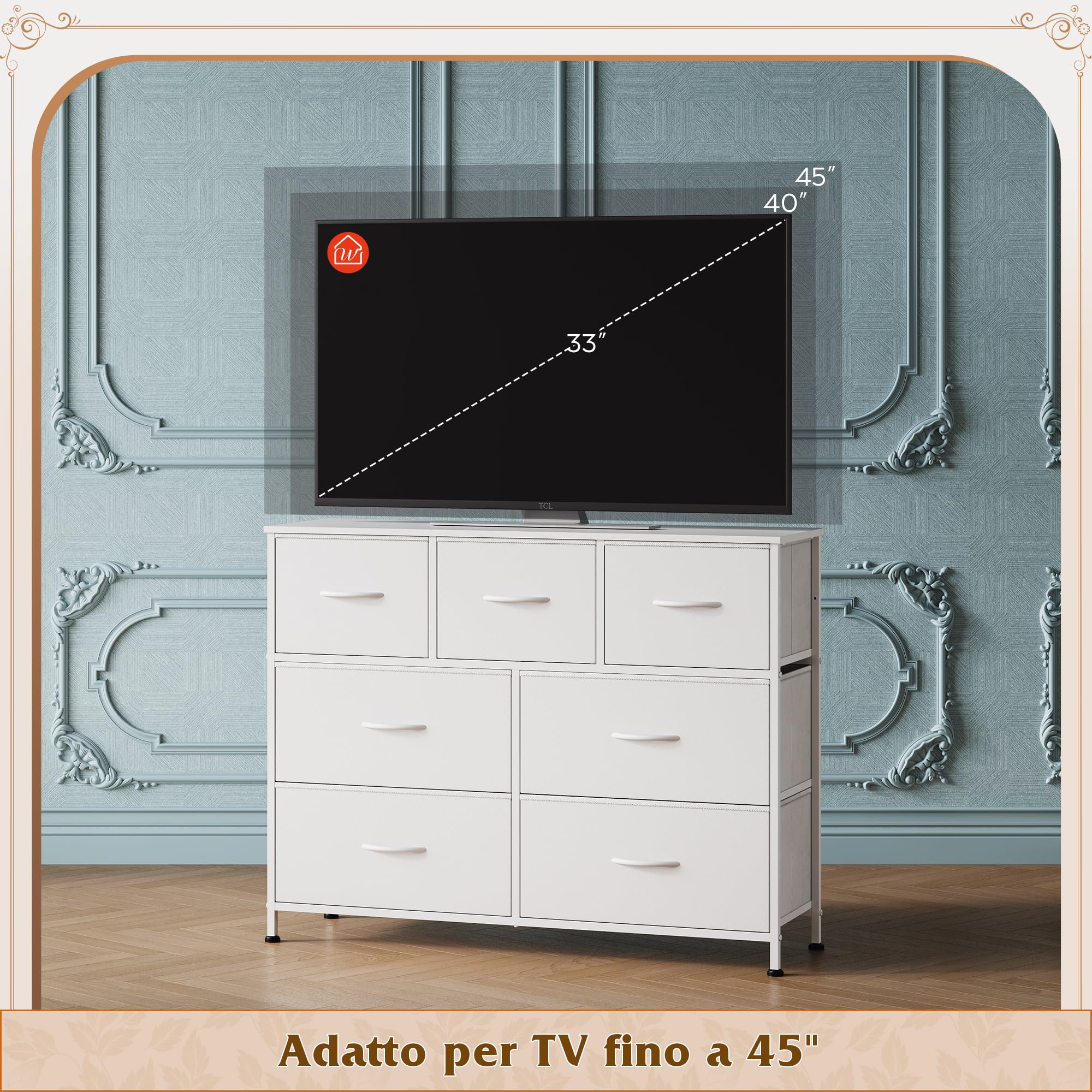 WLIVE Cassettiera Camera da Letto, Cassettiera in Tessuto con 7 Cassetti, Cassettiera per Corridoio, Mobile per Soggiorno, Camera da Letto, Telaio in Acciaio, Piano Legno, Maniglie, Bianca