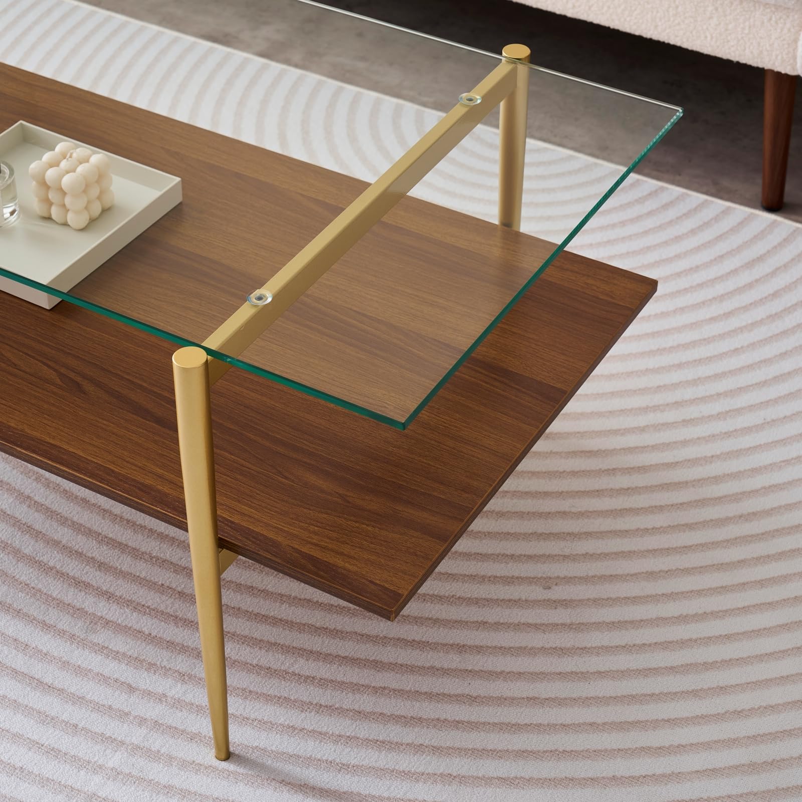 Mesa auxiliar rectangular, diseño moderno de mediados de siglo, 21 pulgadas de largo x 17 pulgadas de alto, para sala de estar, estructura de 2 niveles, parte superior de vidrio transparente y 9