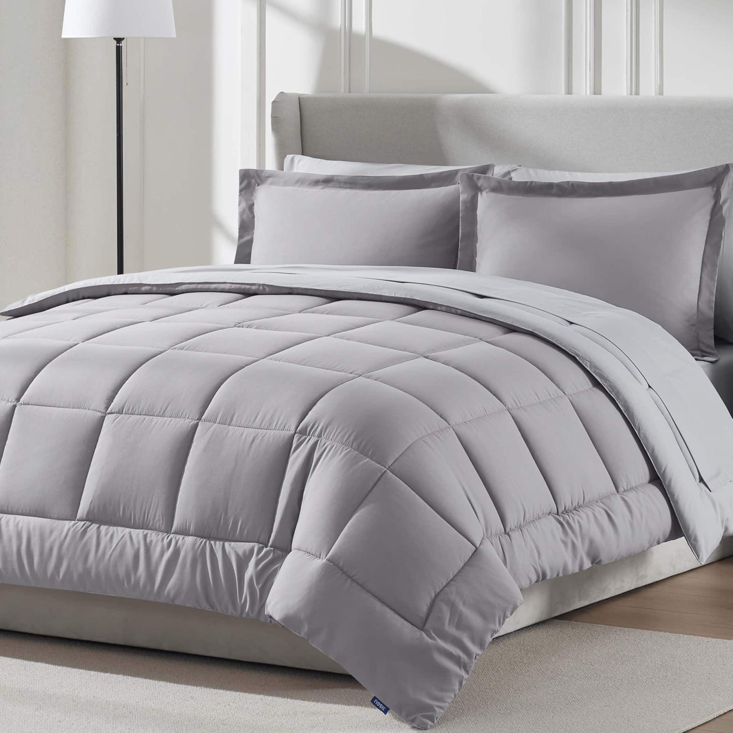 Nestl 7 Piece Queen Comforter Set – Grey Lavender Reversible Bed in a Bag – Complete Queen Size Bedding Set with Sheets, Pillowcases and Shams