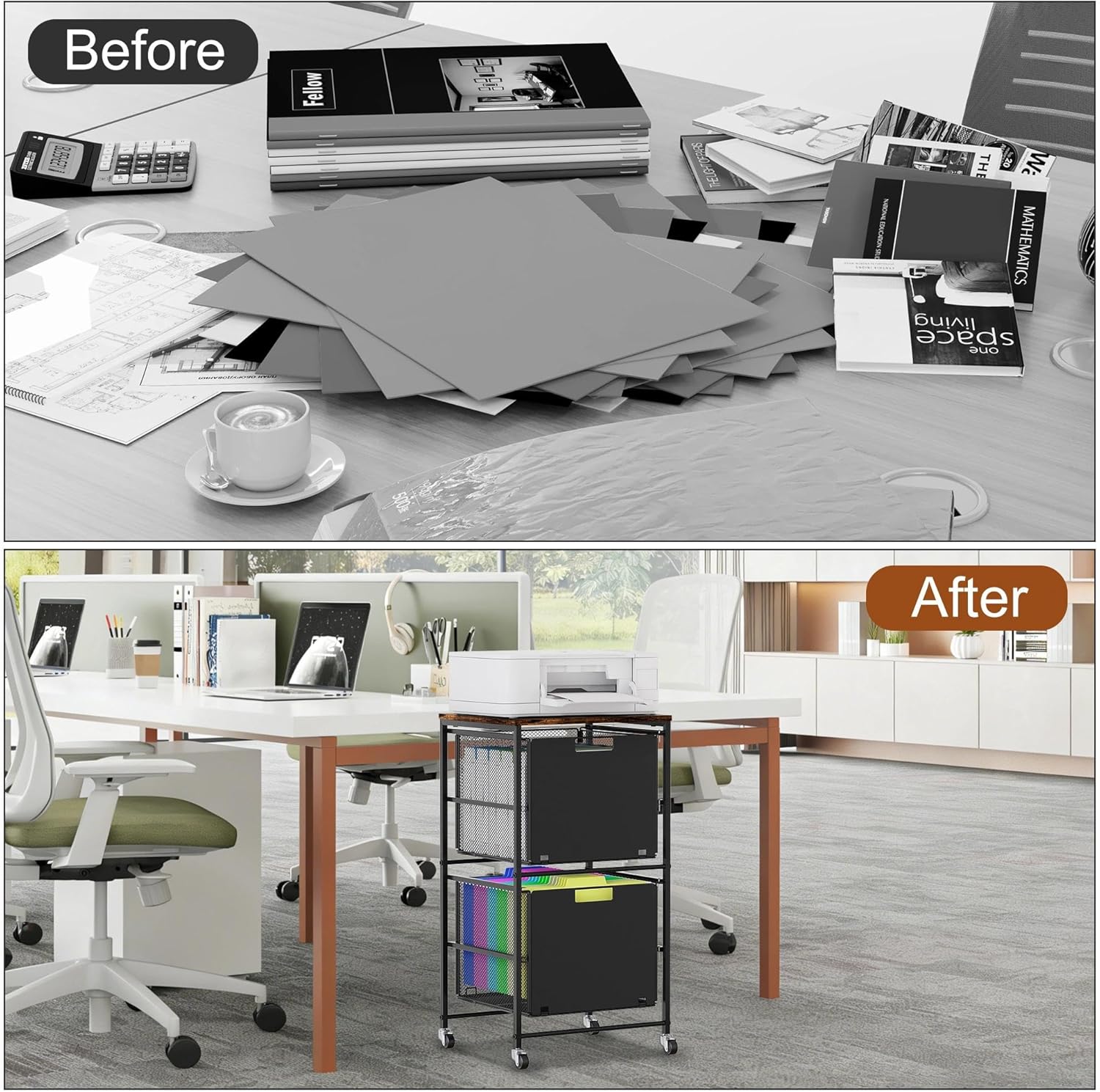 EasyPAG Rolling Storage Cart with 2 Drawers, Under Desk File Cabinet on Lockable Wheels, Movable Letter Size Hanging File Folder Organizer with Wooden Printer Stand for Home Office, Black