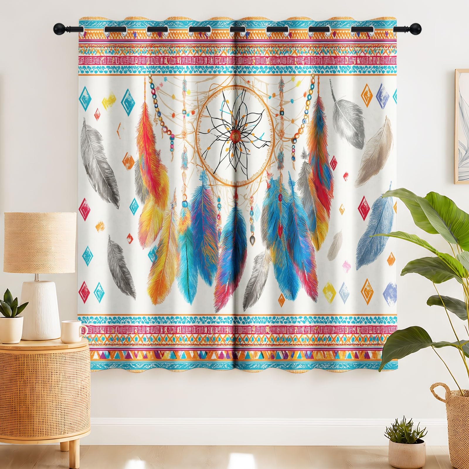 Generisch Boho Verträumt Vorhänge Traumfänger Feder Vorhang Blickdicht mit Ösen, Verdunkelungsvorhang Gardinen für Schlafzimmer Wohnzimmer Fenster Deko, 2er Set H160 x B140 cm
