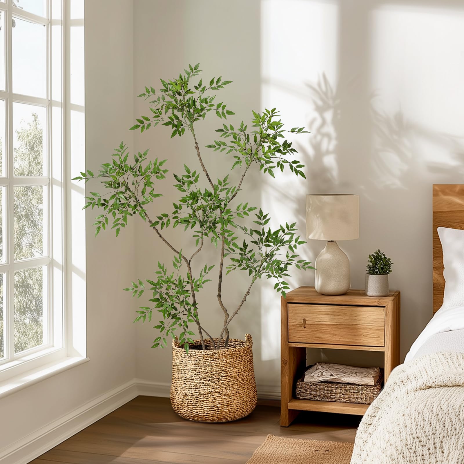 Garvee Künstlicher Mahonia Fortunei Baum 150 cm Kunstpflanzen, künstlicher Sumachbaum kunstpflanzen groß, kunstbaum Himmelsbambus mit Topf für Wohnzimmer,Zuhause,Büro,Terrasse,Badezimmer, Schlafzimmer