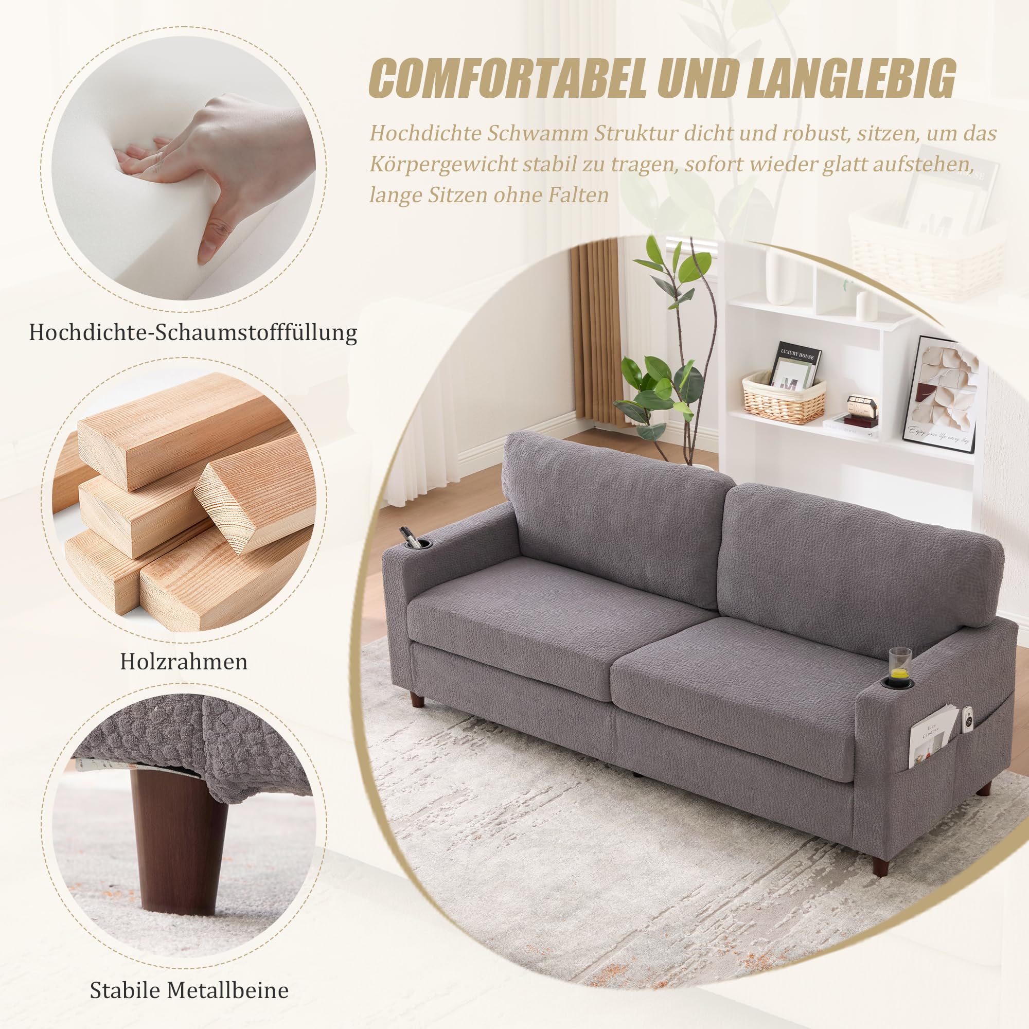 Nowoczesna 2-osobowa sofa szenilowa z USB-C, atmosfera LED, uchwytami na napoje i kieszeniami bocznymi. Rama drewniana/metalowa z komfortową pianką. Idealna do salonu, sypialni lub biura