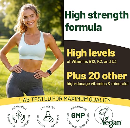 Miniatura 5 de Multivitamínicos y minerales veganos con vitamina B12, D3 y K2. 180 tabletas multivitamínicas - suministro de 6 meses. Vitaminas para veganos y