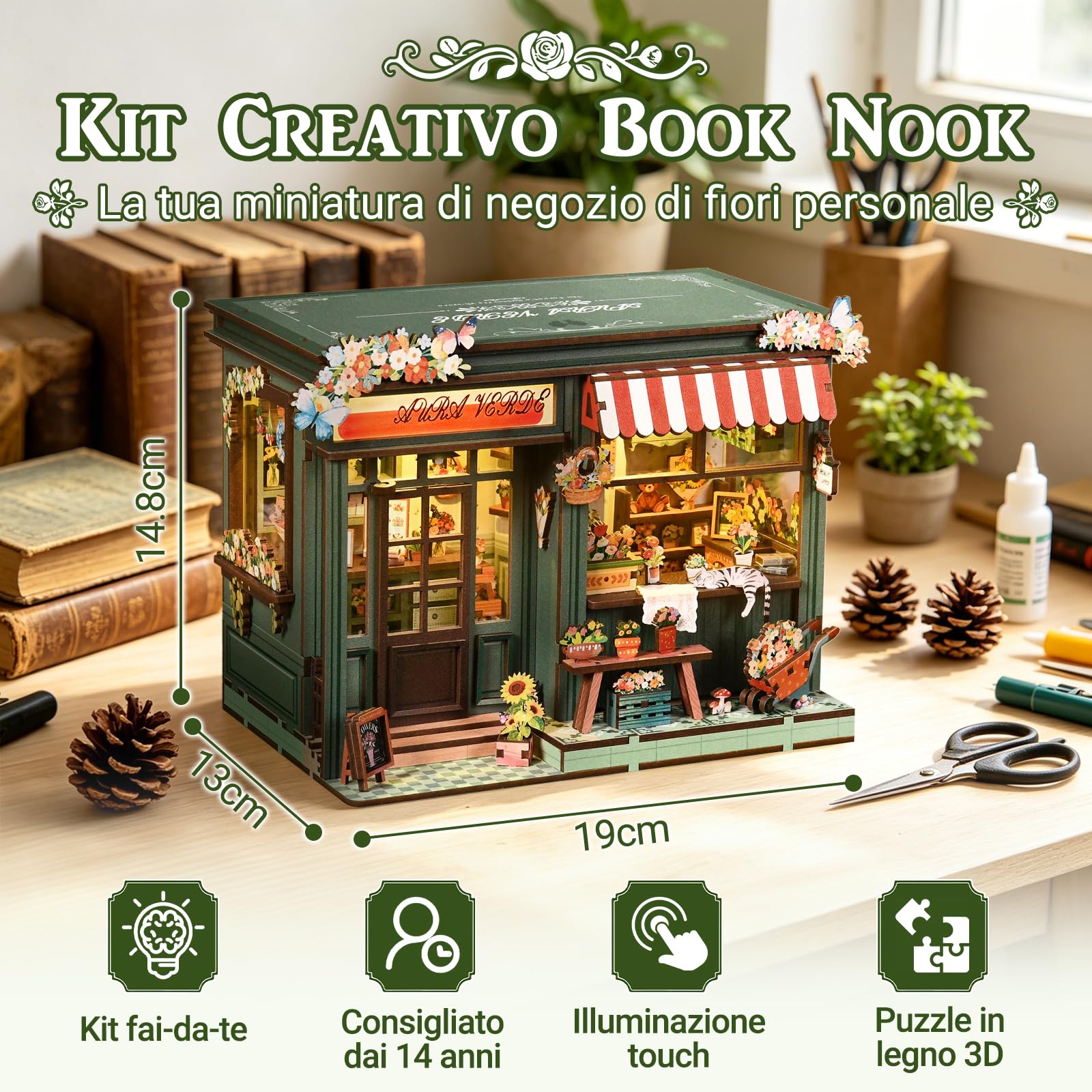 Kit Book Nook, kit fai da te in miniatura, negozio di fiori Aura Verde, kit creativo Book Nook, puzzle in legno 3D, fermalibri con luce LED, decorazione romantica e regalo