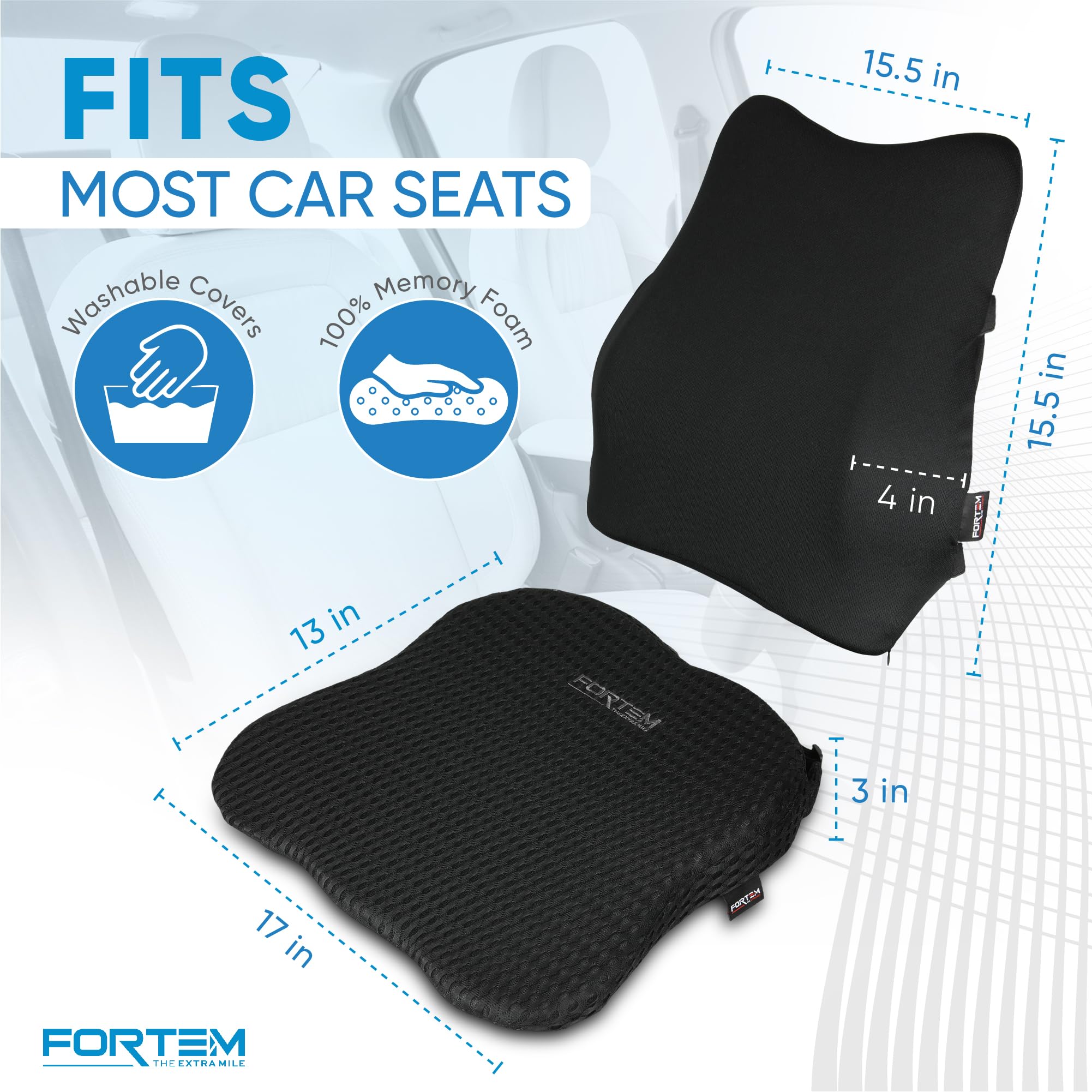 FORTEM Car Seat Cushion and Back Support Pillow, Memory Foam Car Wedge Cushion, Comfort Back Rest and Lumbar Support for Driving, Non Slip Seat Pad, Adjustable Straps, Washable Cover