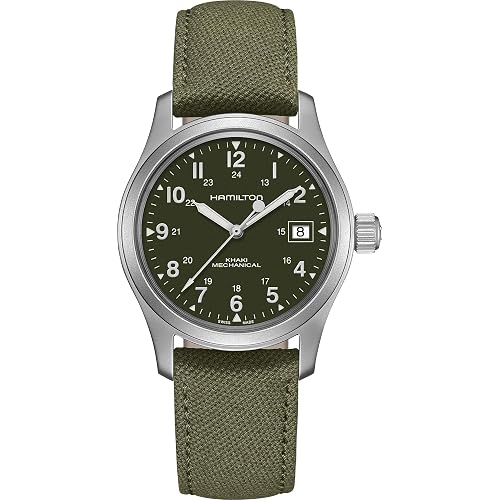 Hamilton Khaki Field Mechanical Men's Watch, 38mm Stainless Steel Case, Swiss Made, Green Dial Analog Wrist Watch for Men, 50m Waterproof, Sapphire Crystal, Canvas Strap