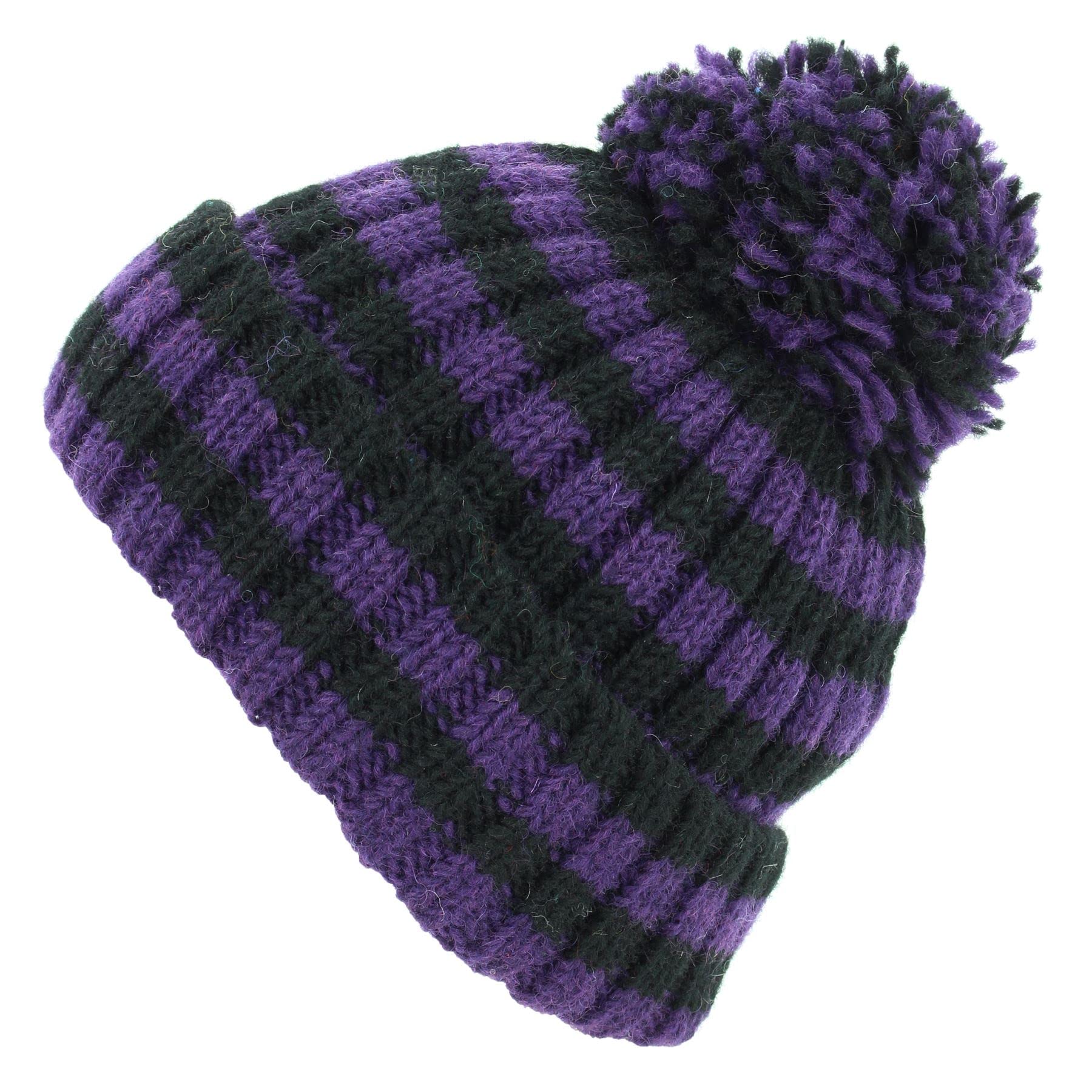 Loudelephant Unisex Stripe Purple Black Hand Knitted Wool Beanie Bobble Hat